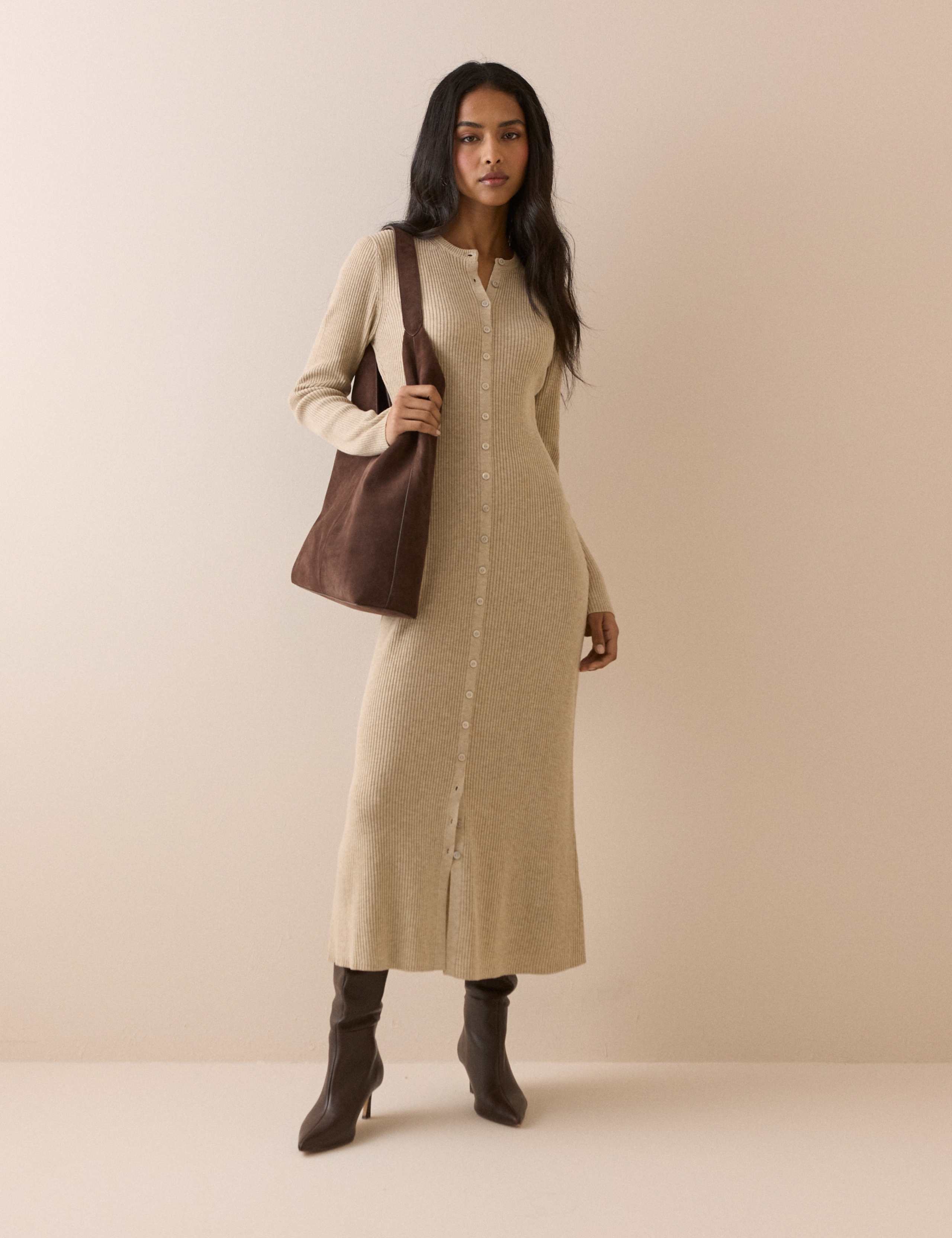 Knitted Button Through Midi Bodycon Dress 1 of 5