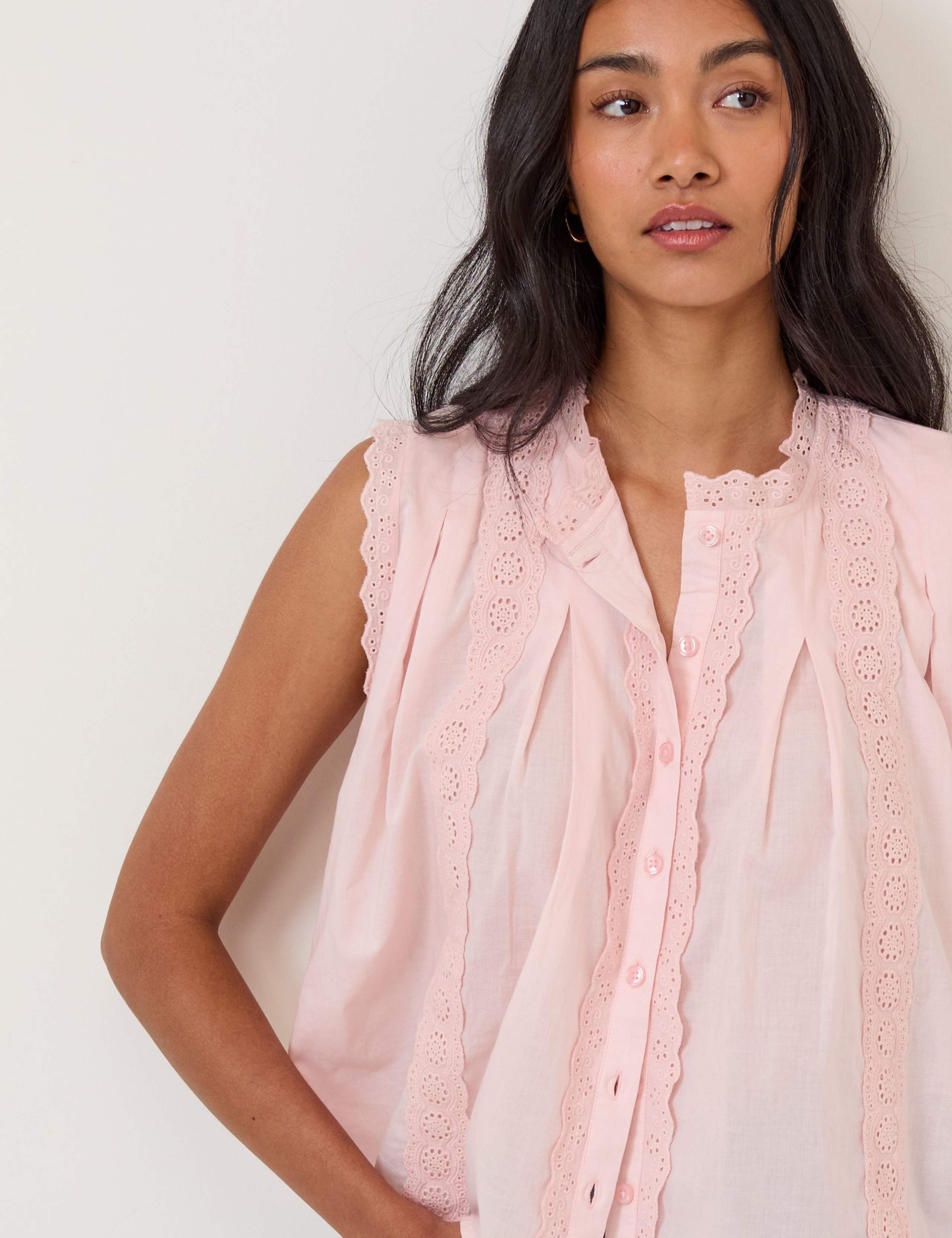 Pure Cotton Crew Neck Lace Detail Blouse 3 of 5