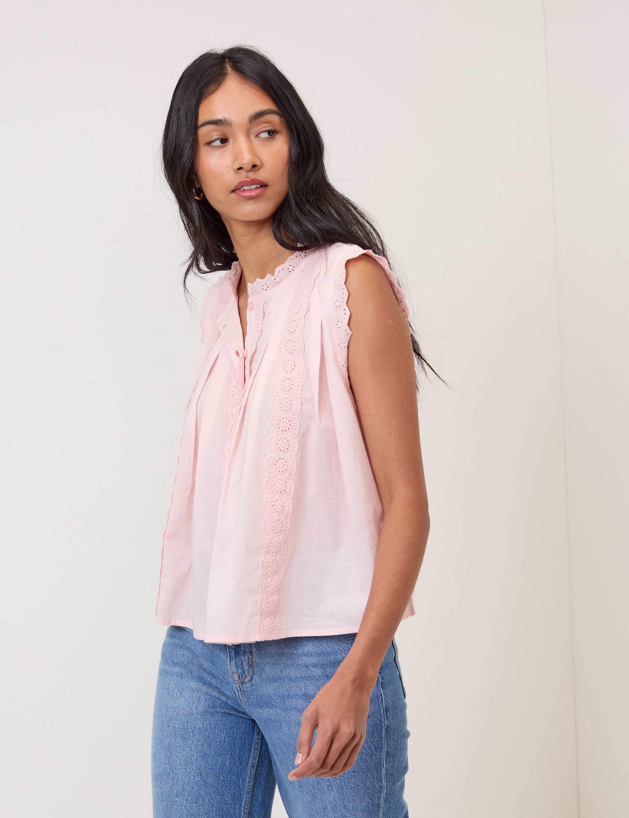 Pure Cotton Crew Neck Lace Detail Blouse 4 of 5