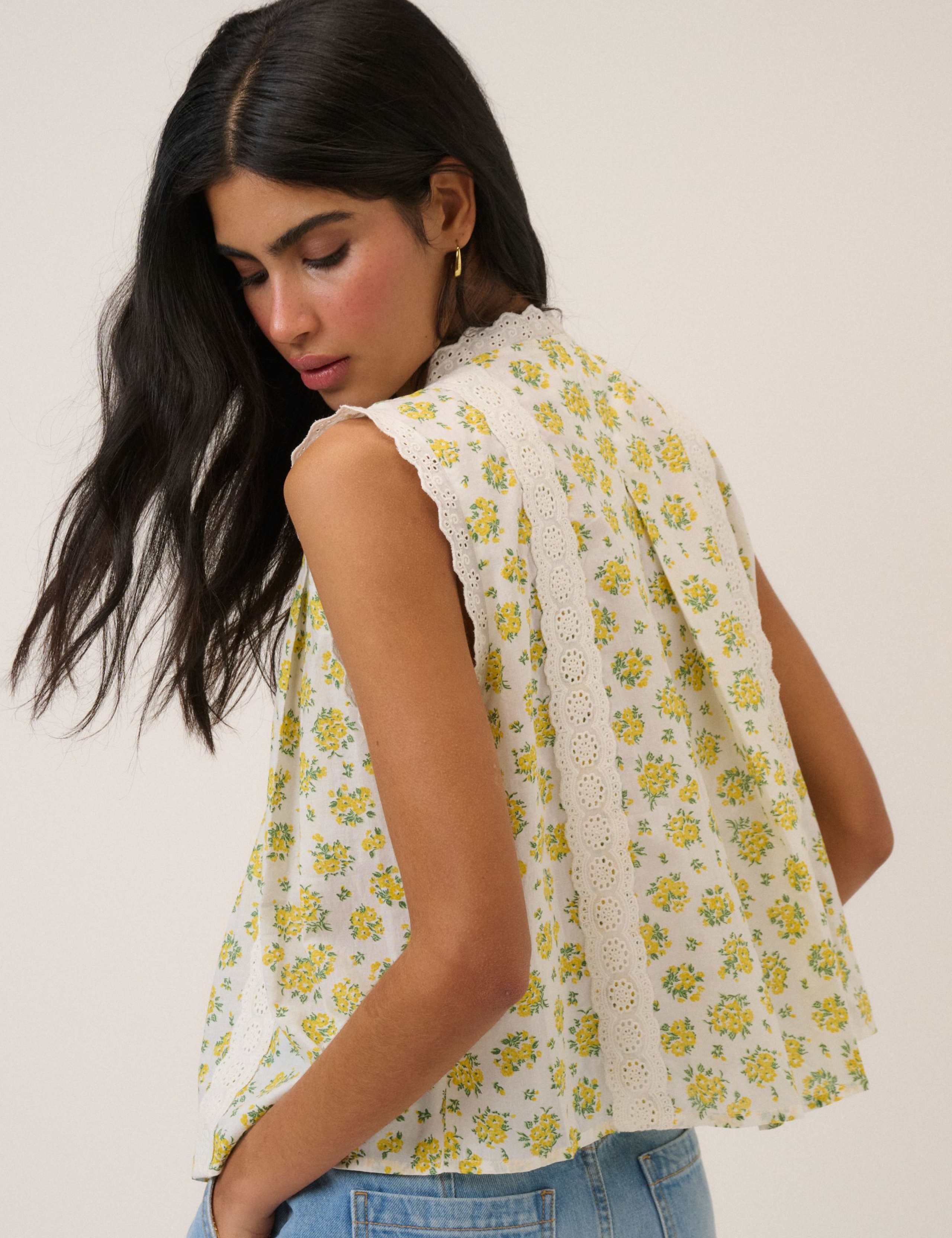 Pure Cotton Crew Neck Lace Detail Blouse 7 of 7