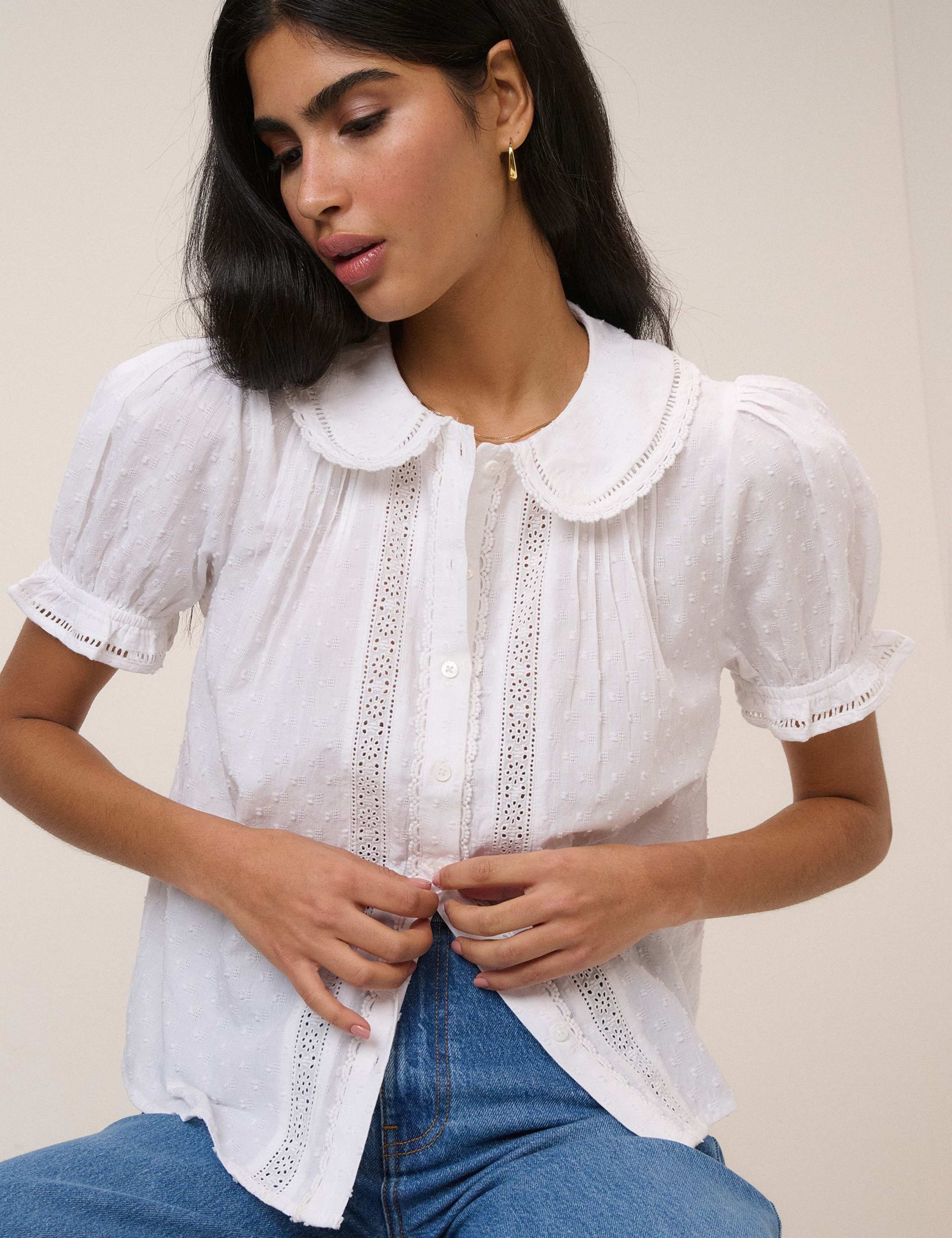 Pure Cotton Peter Pan Collar Lace Detail Blouse 2 of 5