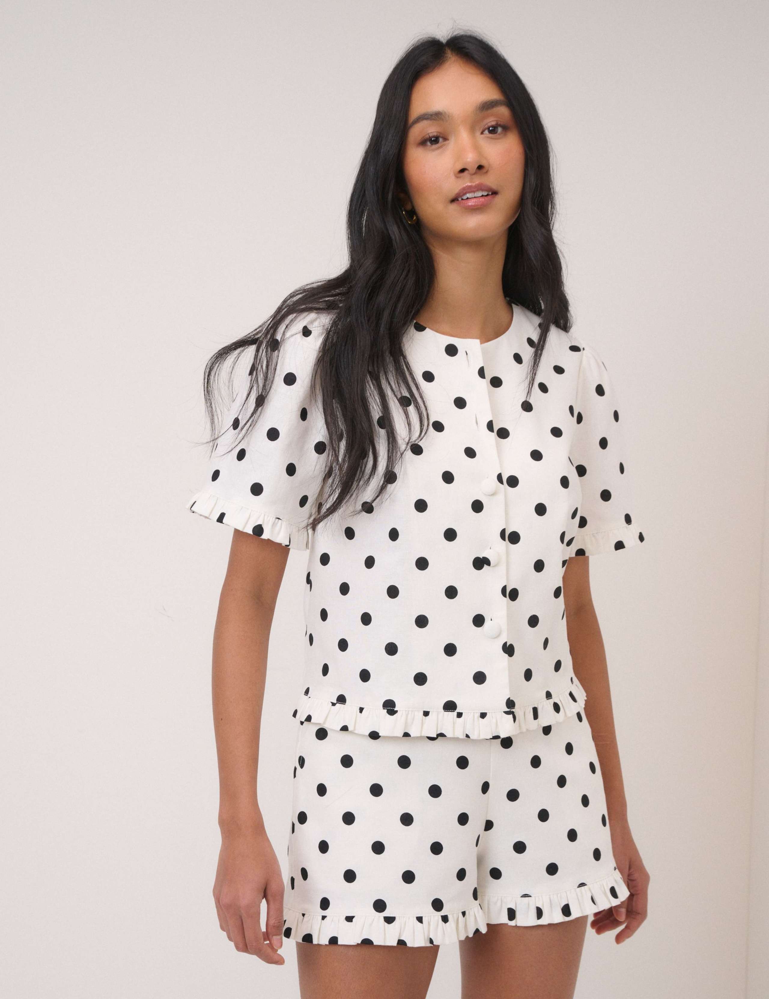 Linen Rich Polka Dot Frill Detail Top 2 of 6
