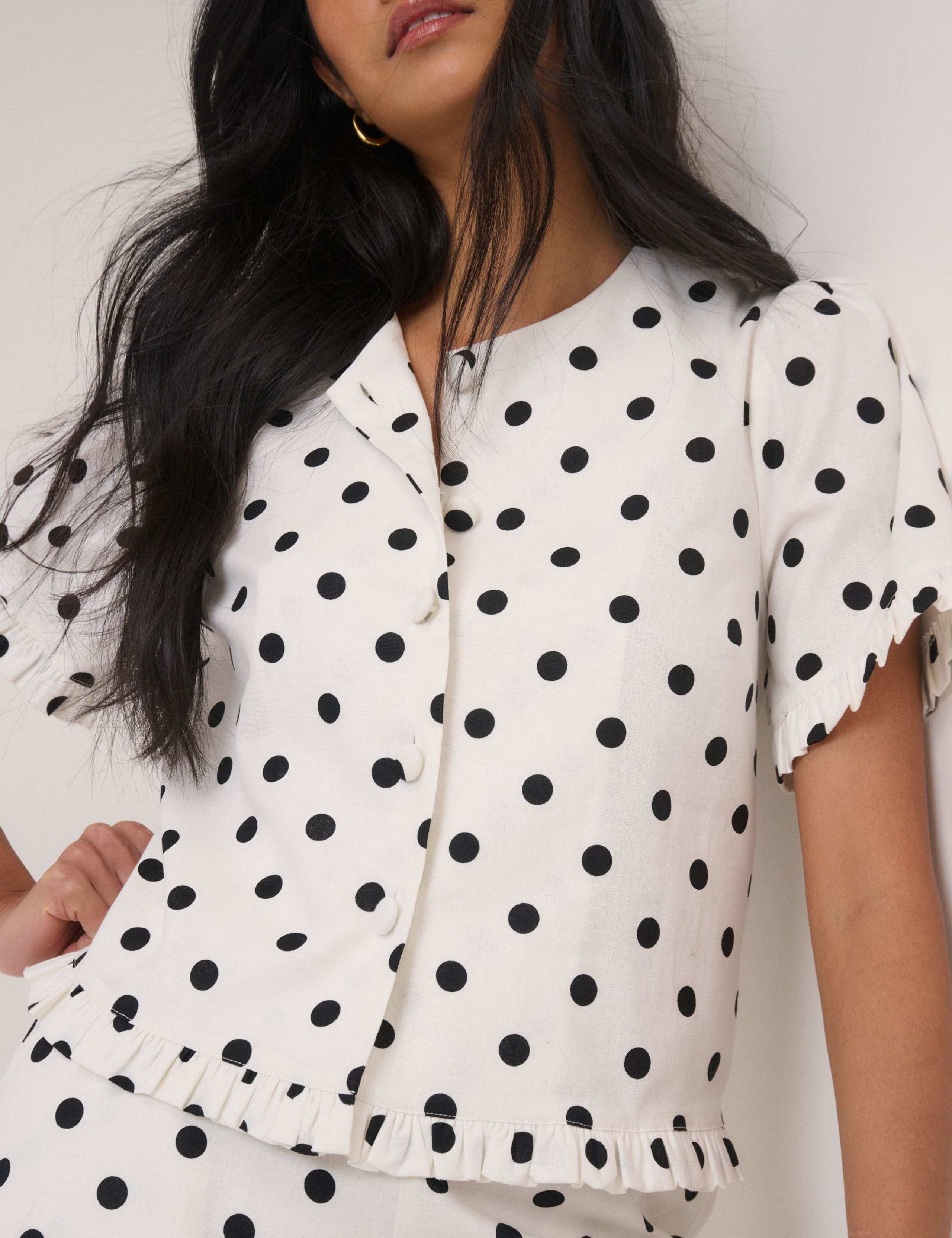 Linen Rich Polka Dot Frill Detail Top 4 of 6