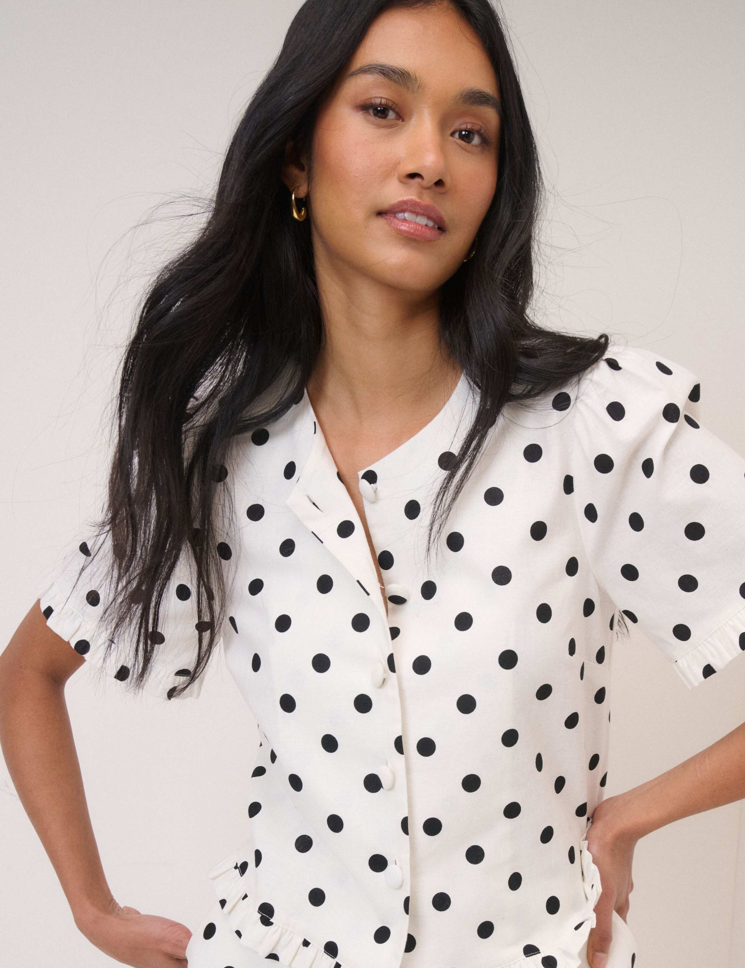Linen Rich Polka Dot Frill Detail Top 6 of 6