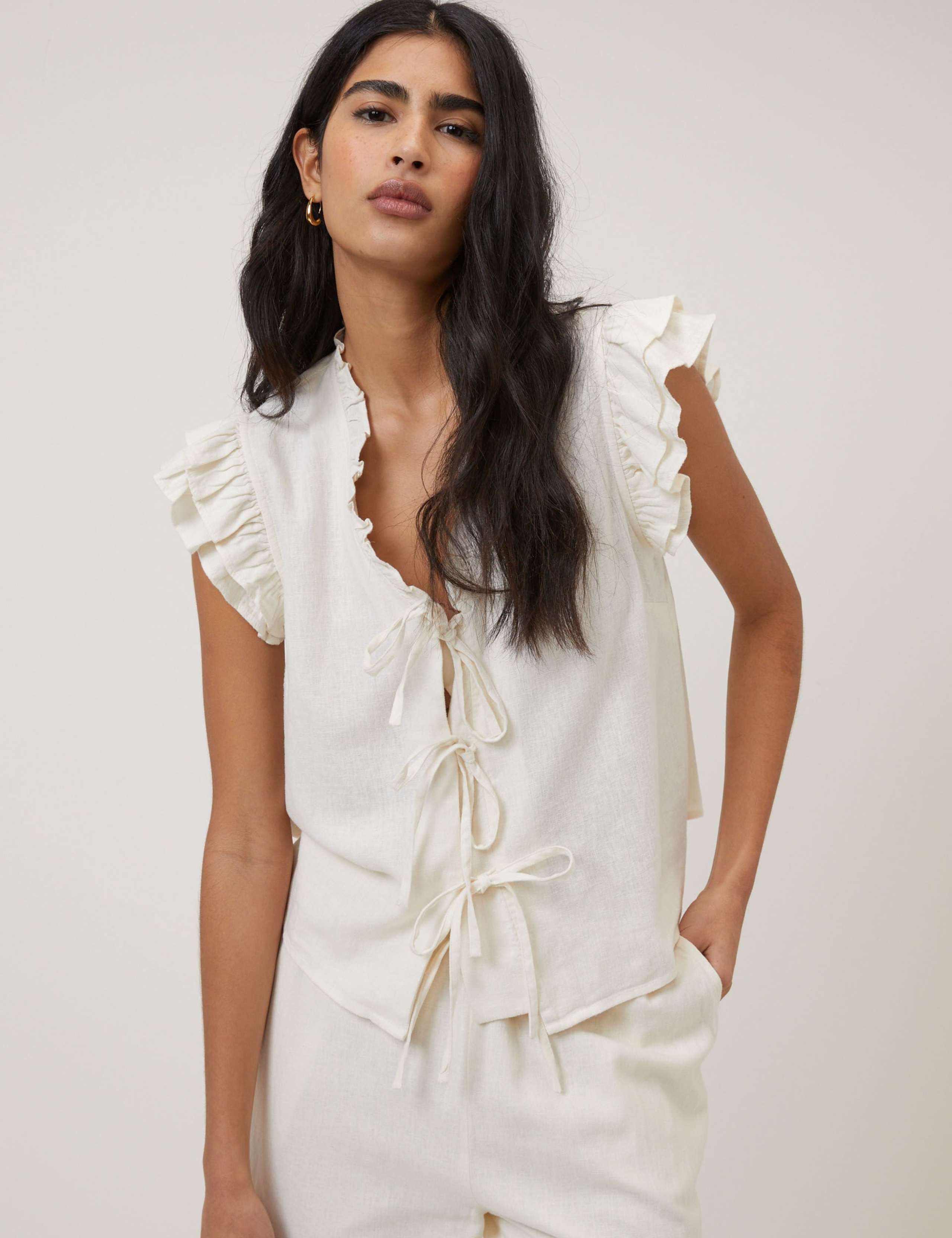 Linen Rich Tie Front Ruffle Top 1 of 5