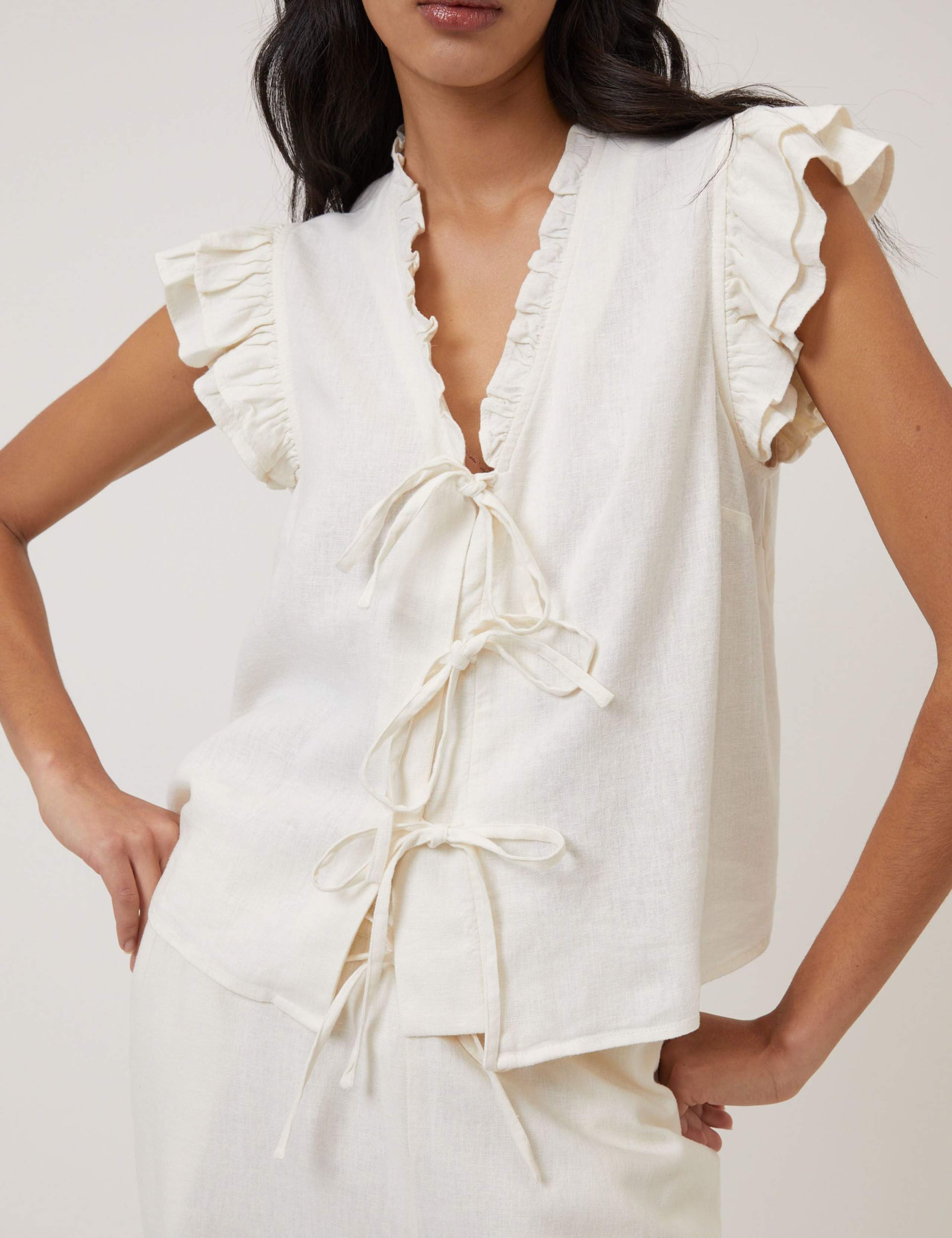 Linen Rich Tie Front Ruffle Top 2 of 5