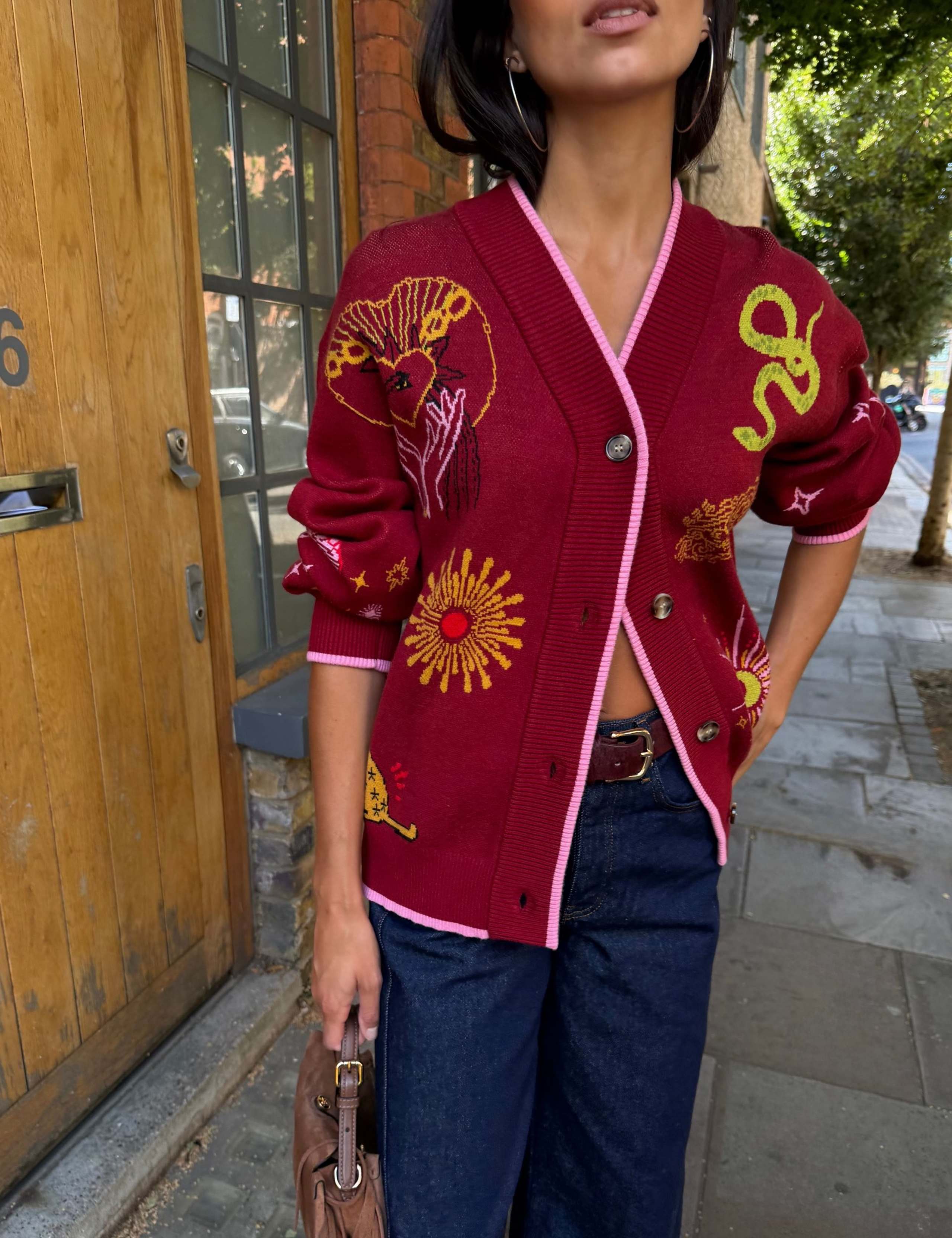 Embroidered V Neck Button Front Relaxed Cardigan 3 of 4
