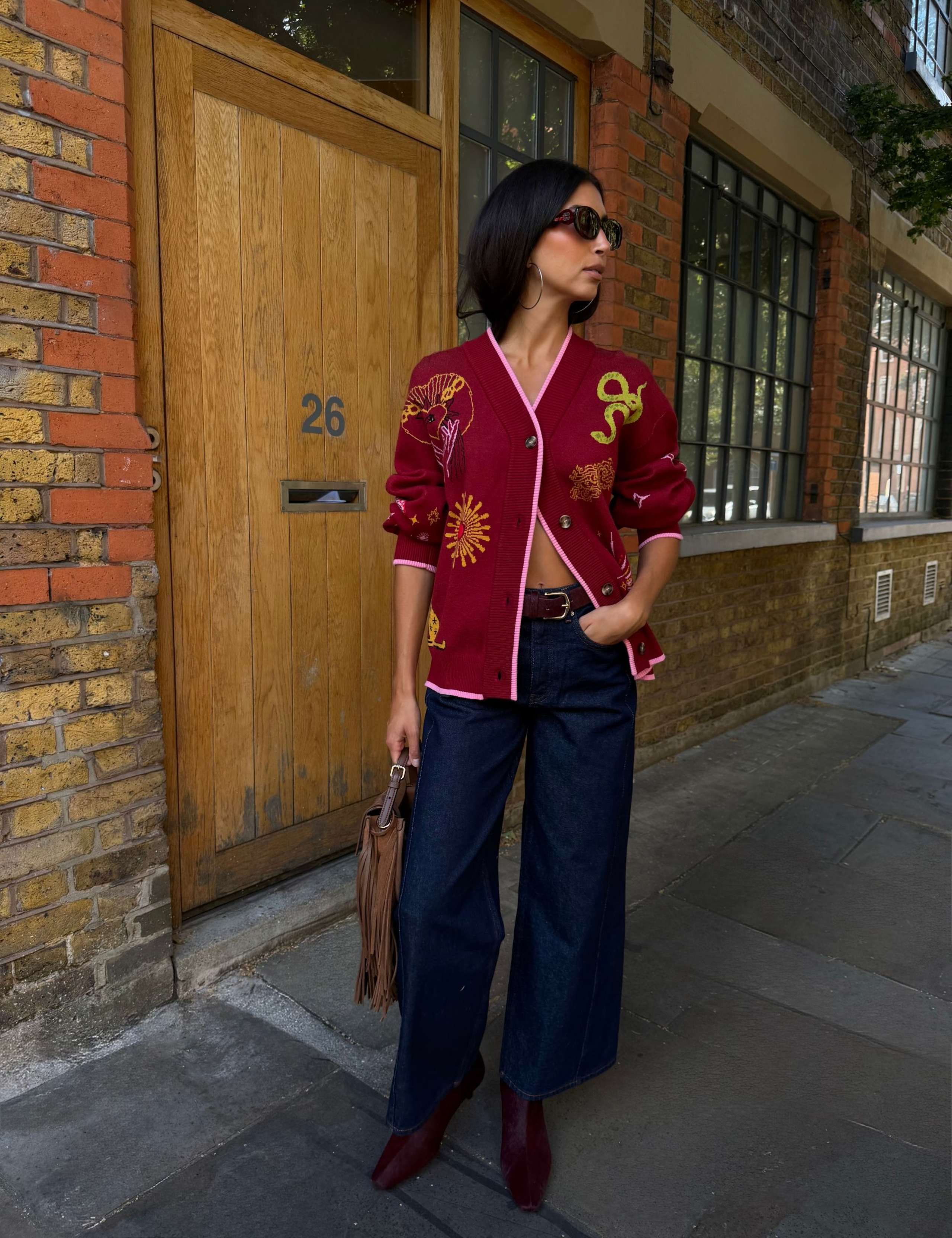 Embroidered V Neck Button Front Relaxed Cardigan 4 of 4