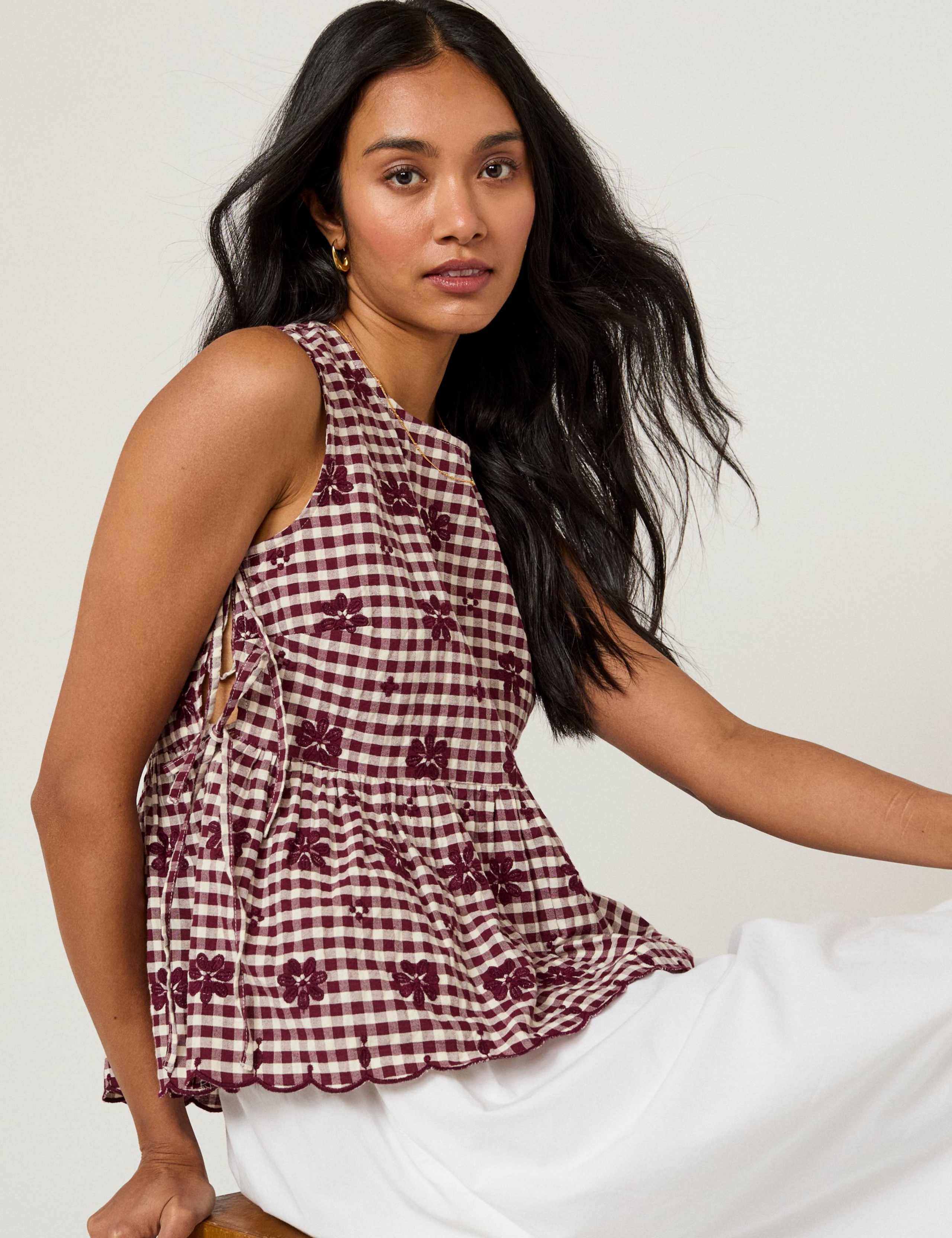 Pure Cotton Checked Embroidered Peplum Top 2 of 5