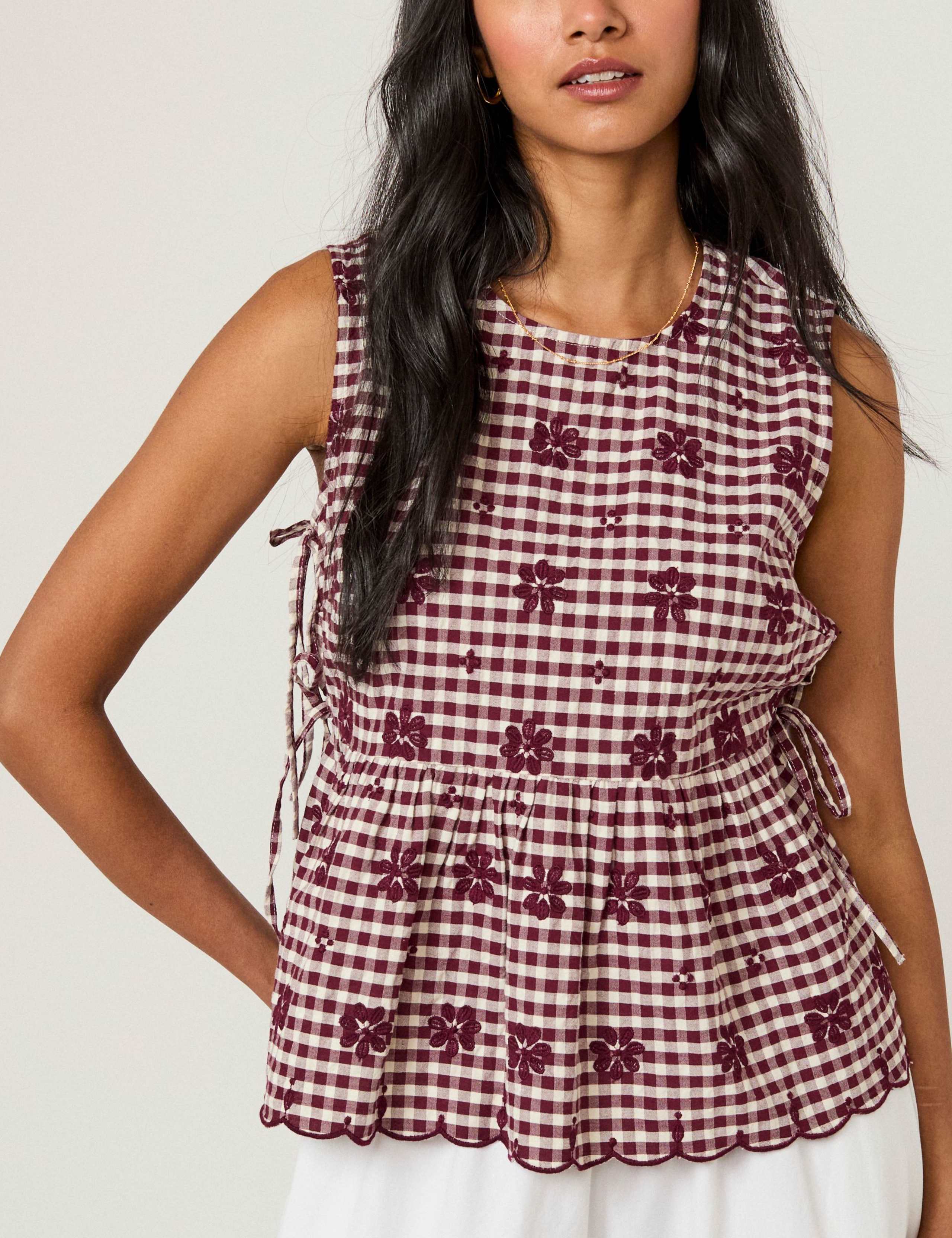 Pure Cotton Checked Embroidered Peplum Top 3 of 5