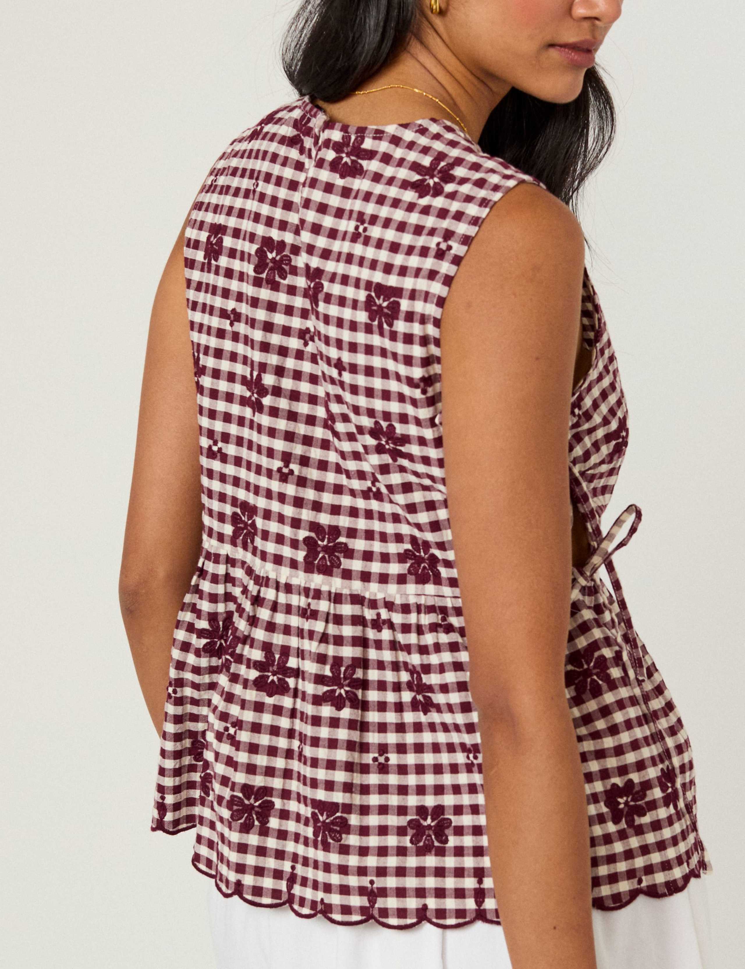 Pure Cotton Checked Embroidered Peplum Top 5 of 5