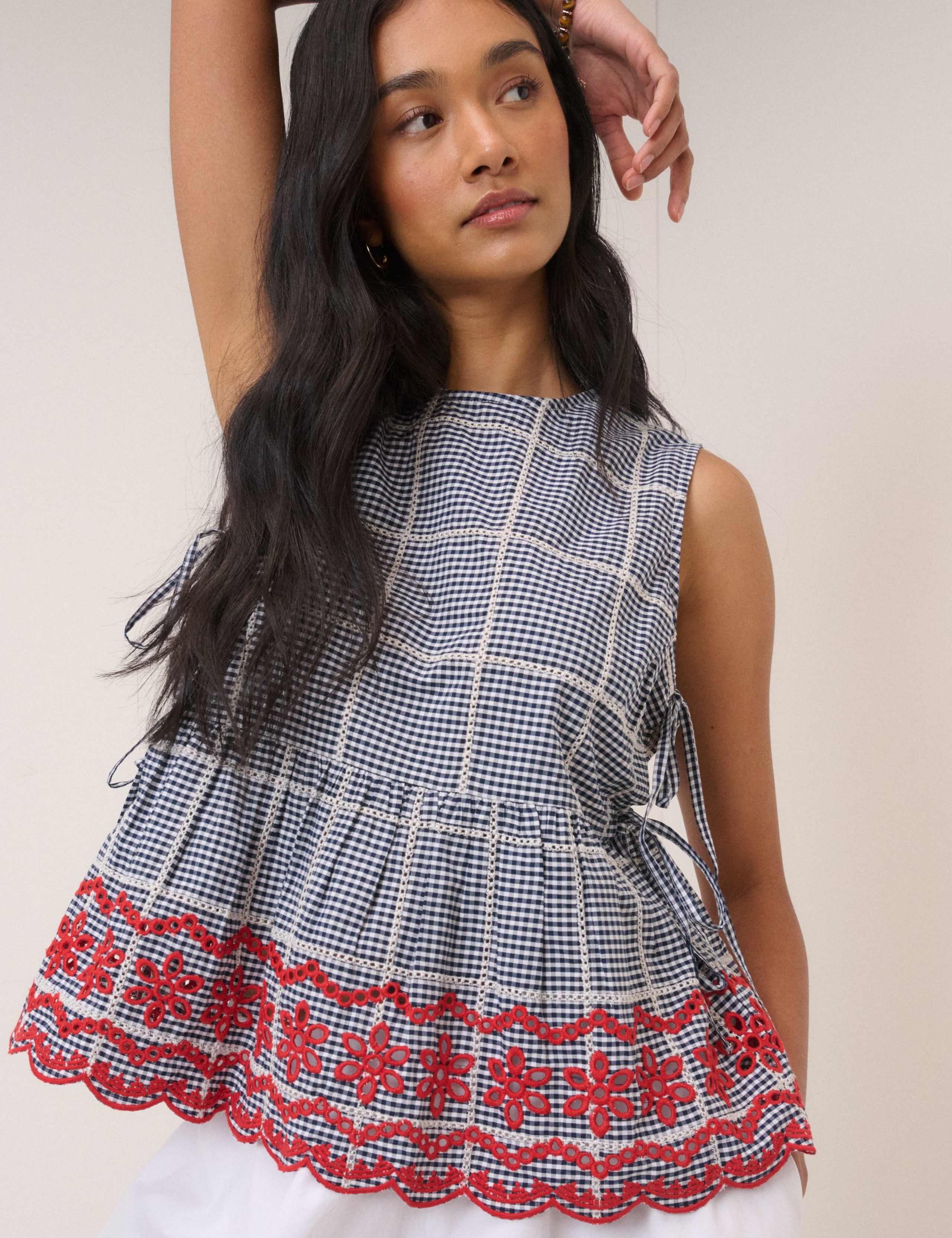 Pure Cotton Checked Embroidered Peplum Top 2 of 6