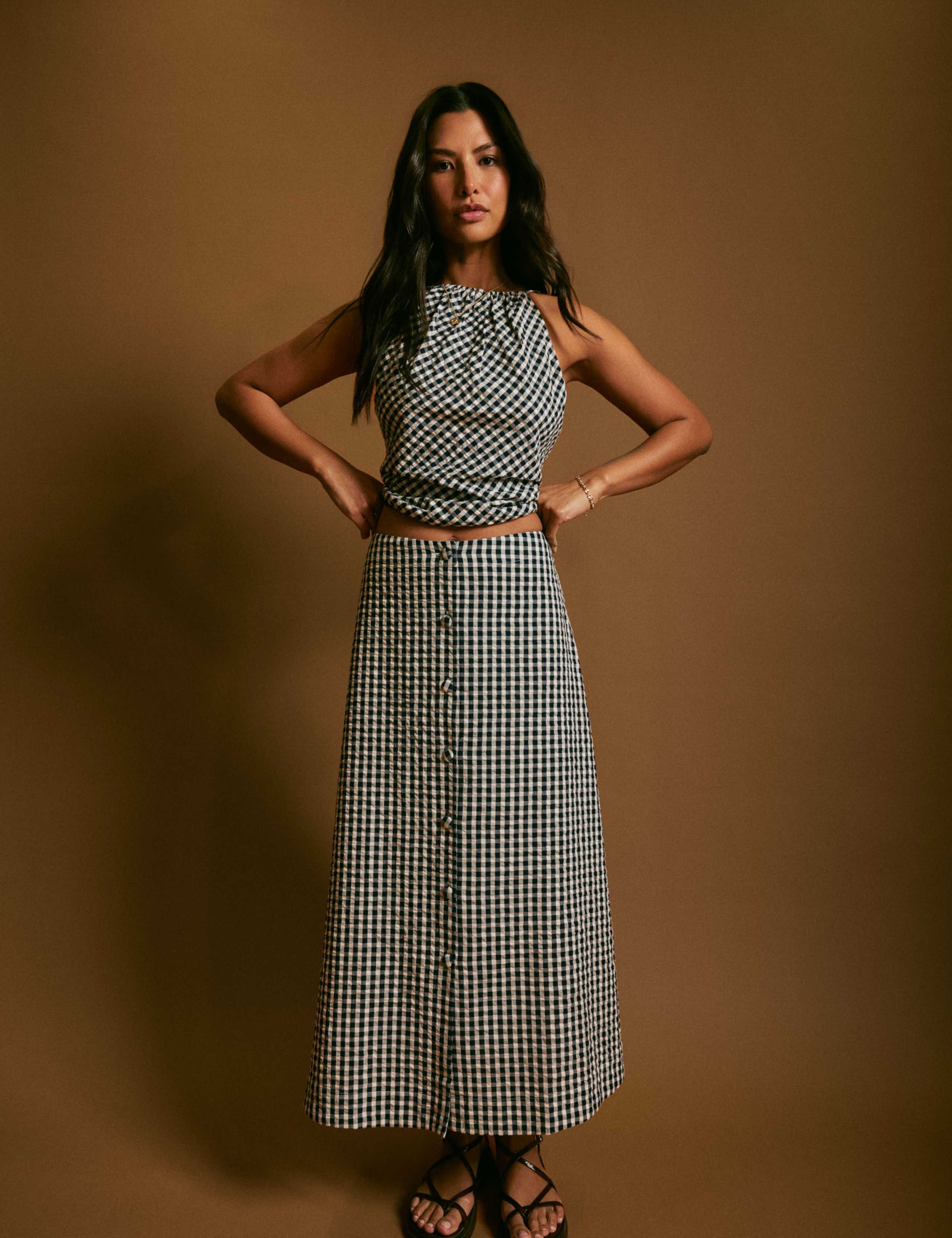 Gingham Button Front Midi A-Line Skirt 1 of 10