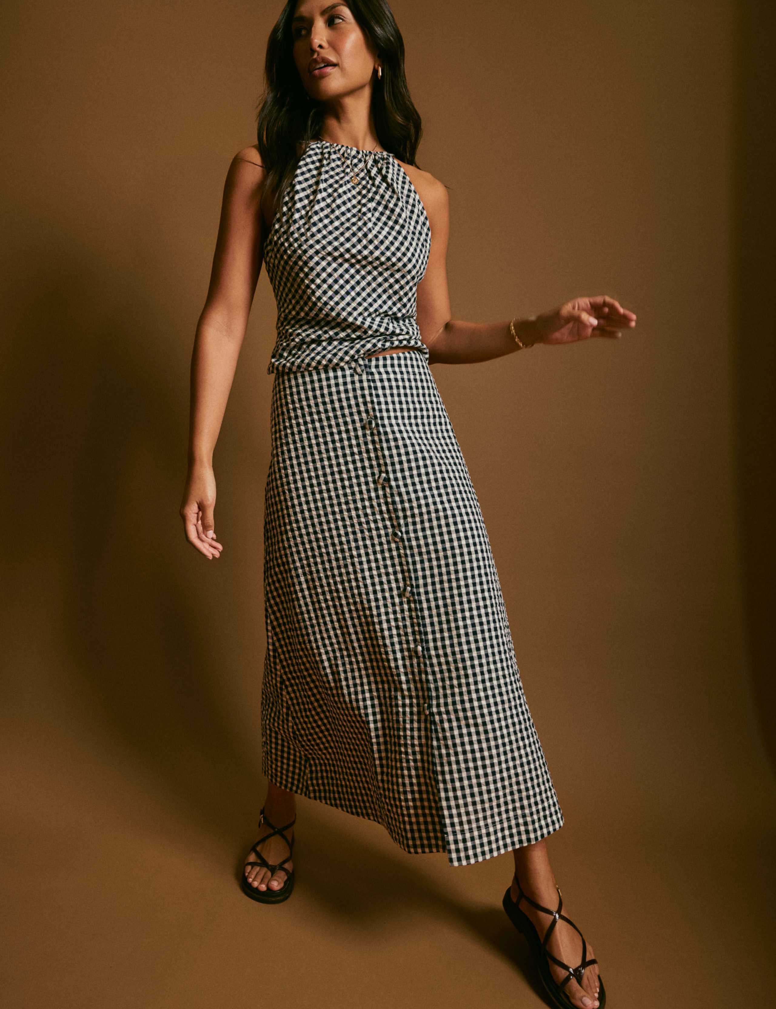Gingham Button Front Midi A-Line Skirt 2 of 10