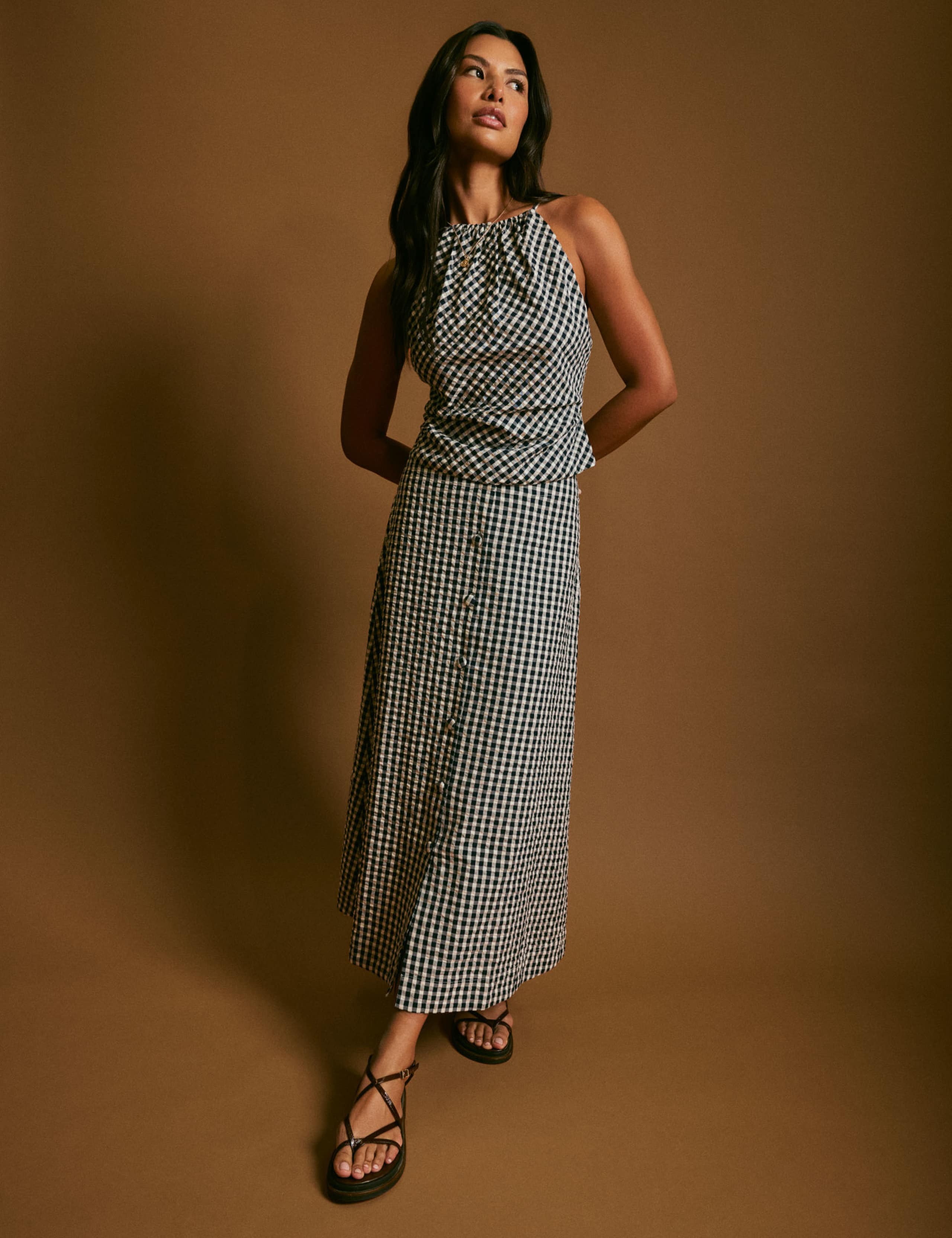 Gingham Button Front Midi A-Line Skirt 3 of 10