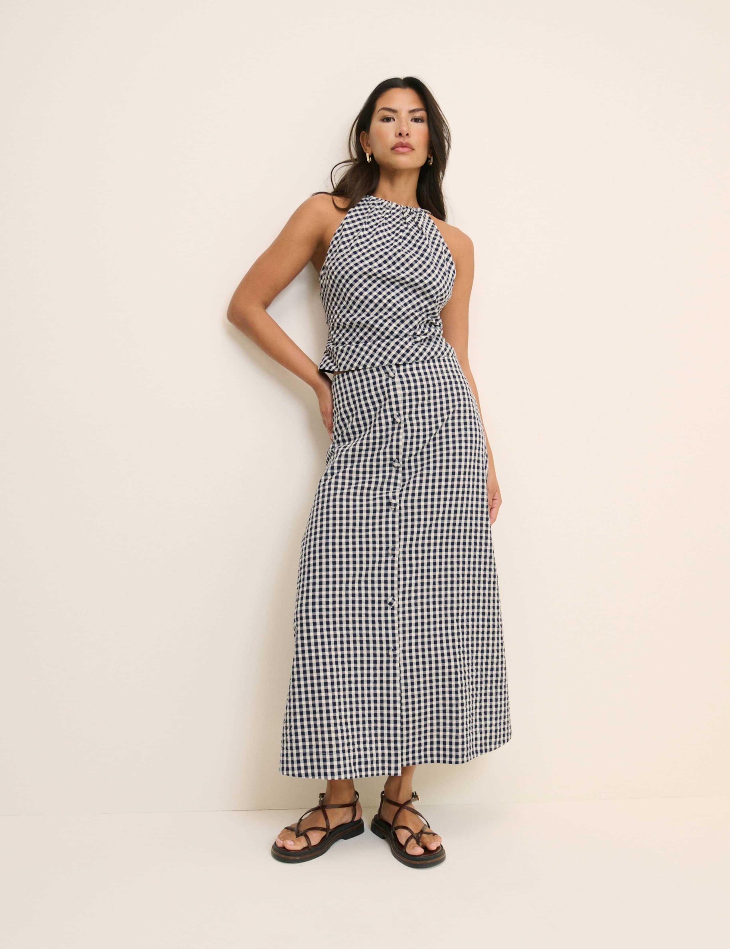 Gingham Button Front Midi A-Line Skirt 7 of 10