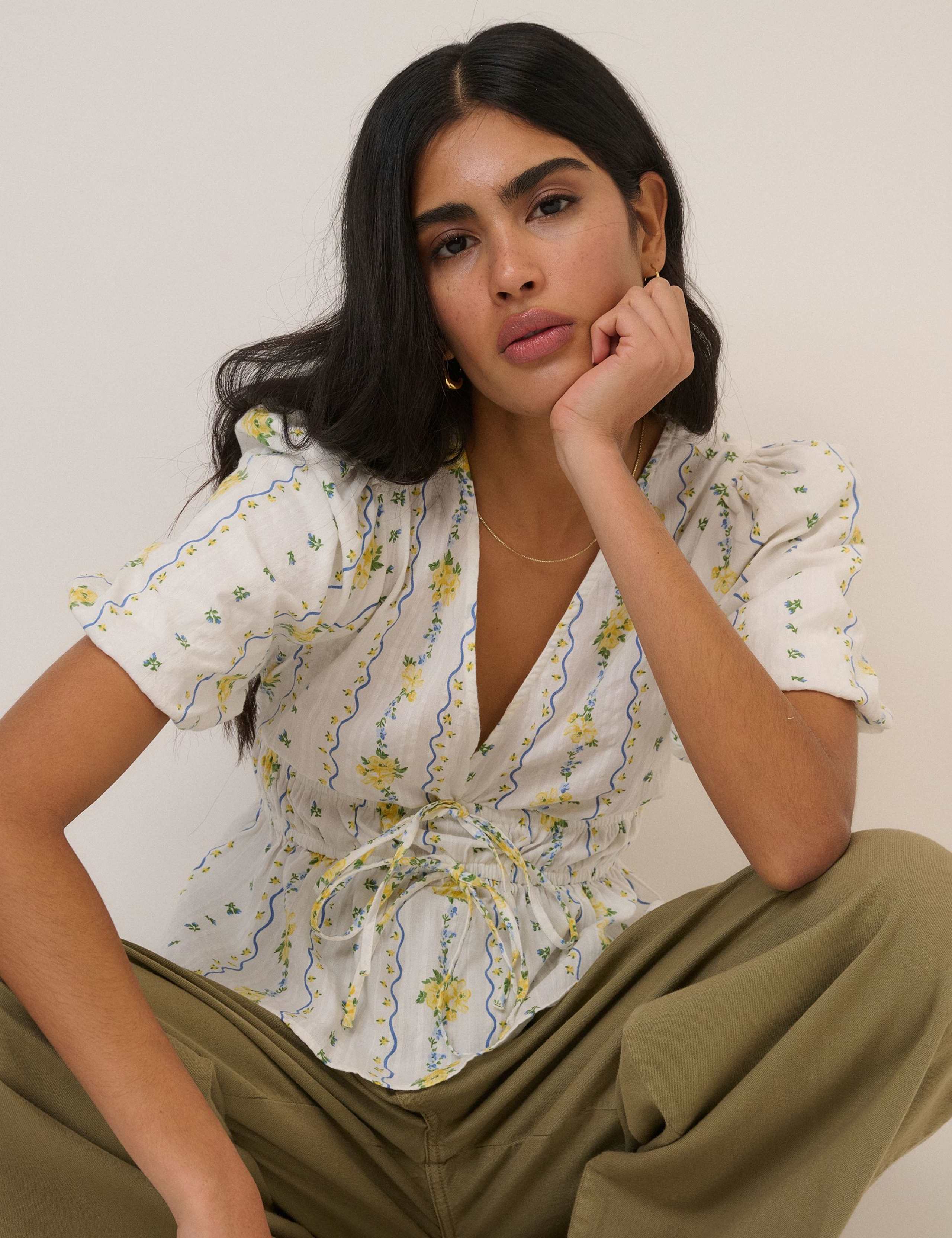 Pure Cotton Floral V-Neck Blouse 3 of 5