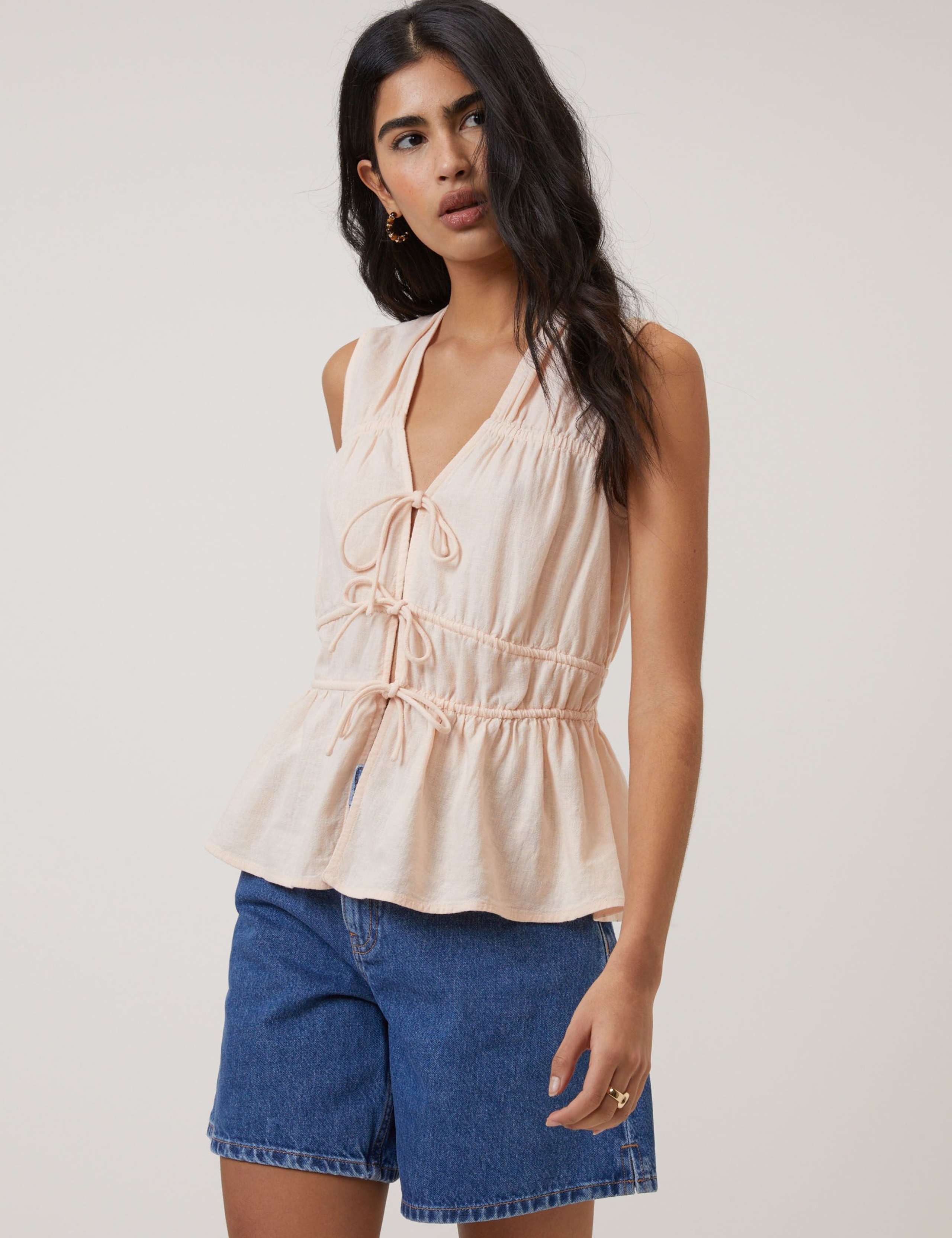 Linen Rich Ruched Tie Front Peplum Top 1 of 5