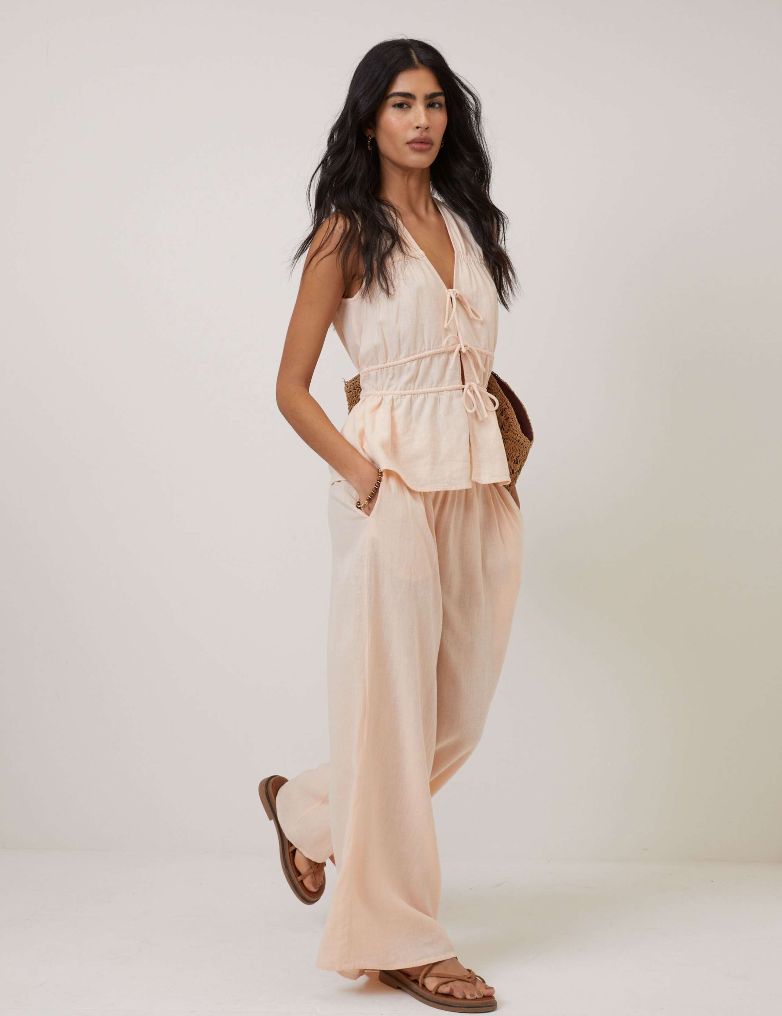 Linen Rich Ruched Tie Front Peplum Top 2 of 5