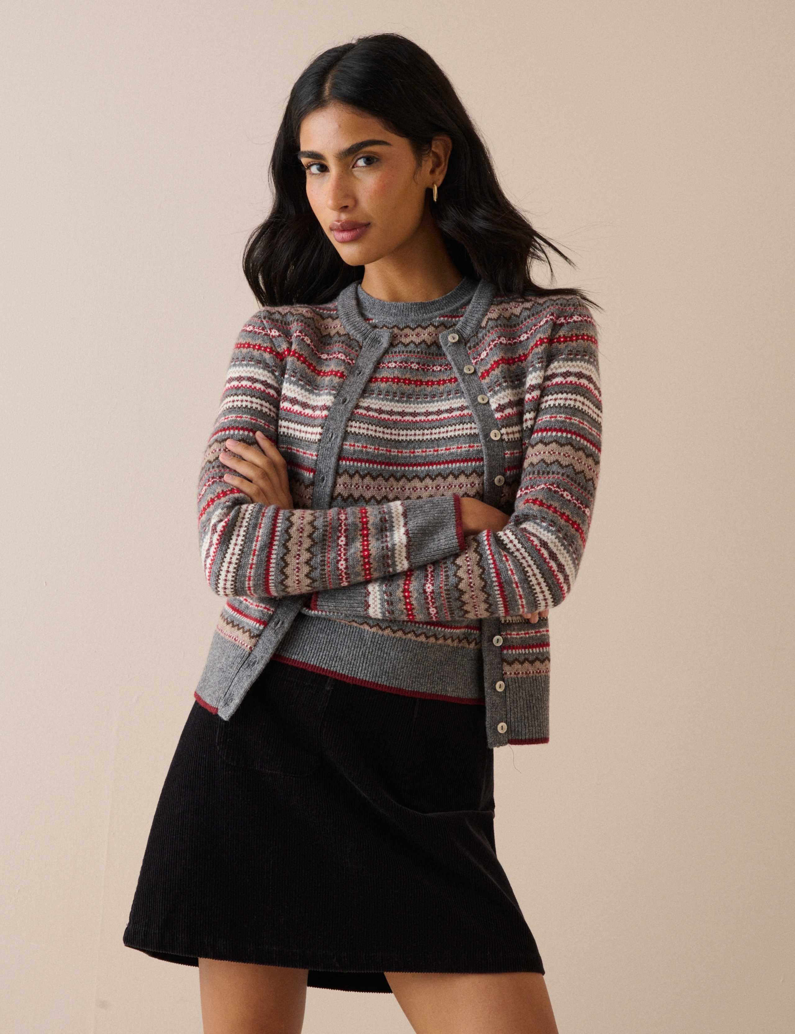 Wool Blend Fair Isle Crew Neck Fitted Cardigan 1 of 5