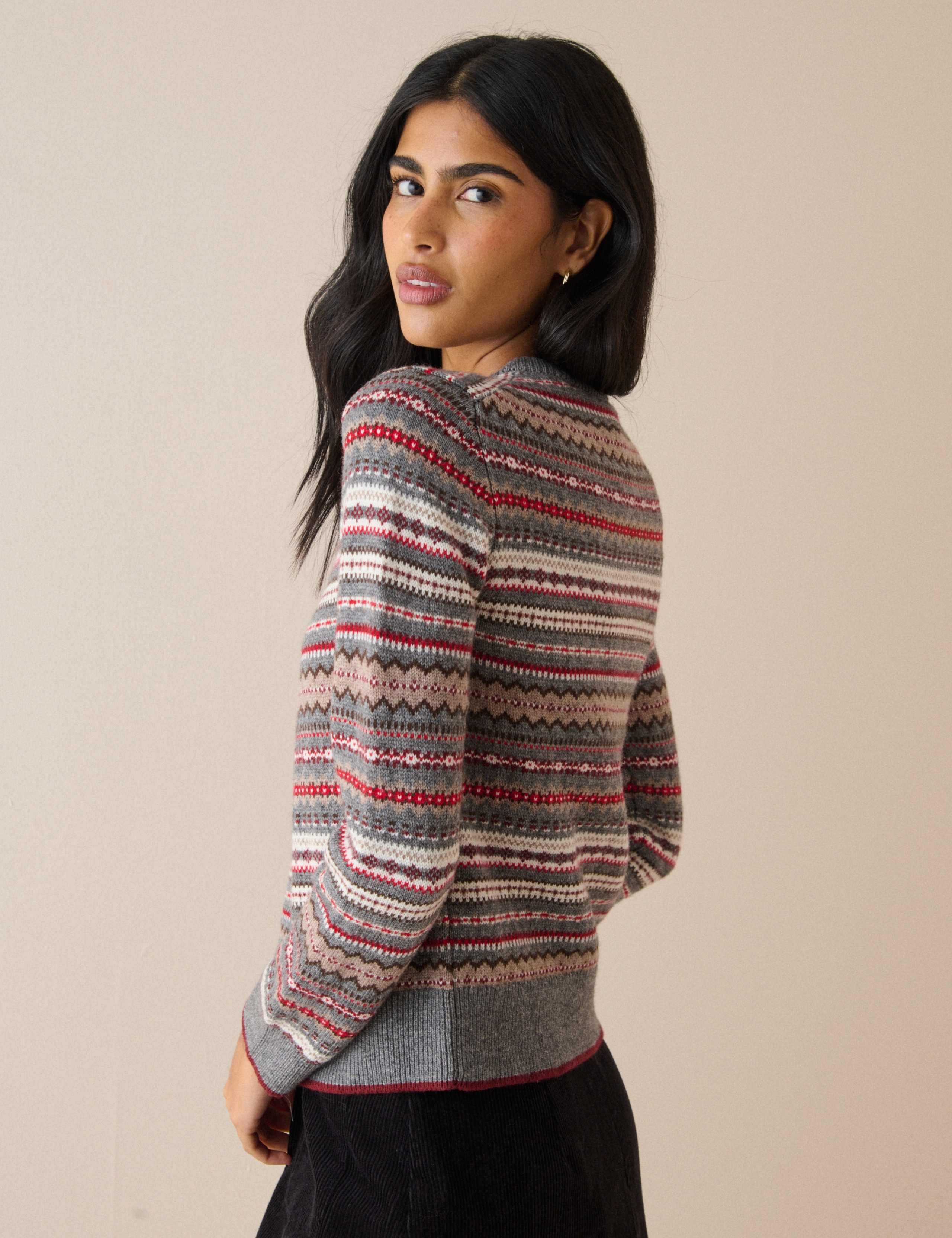 Wool Blend Fair Isle Crew Neck Fitted Cardigan 2 of 5