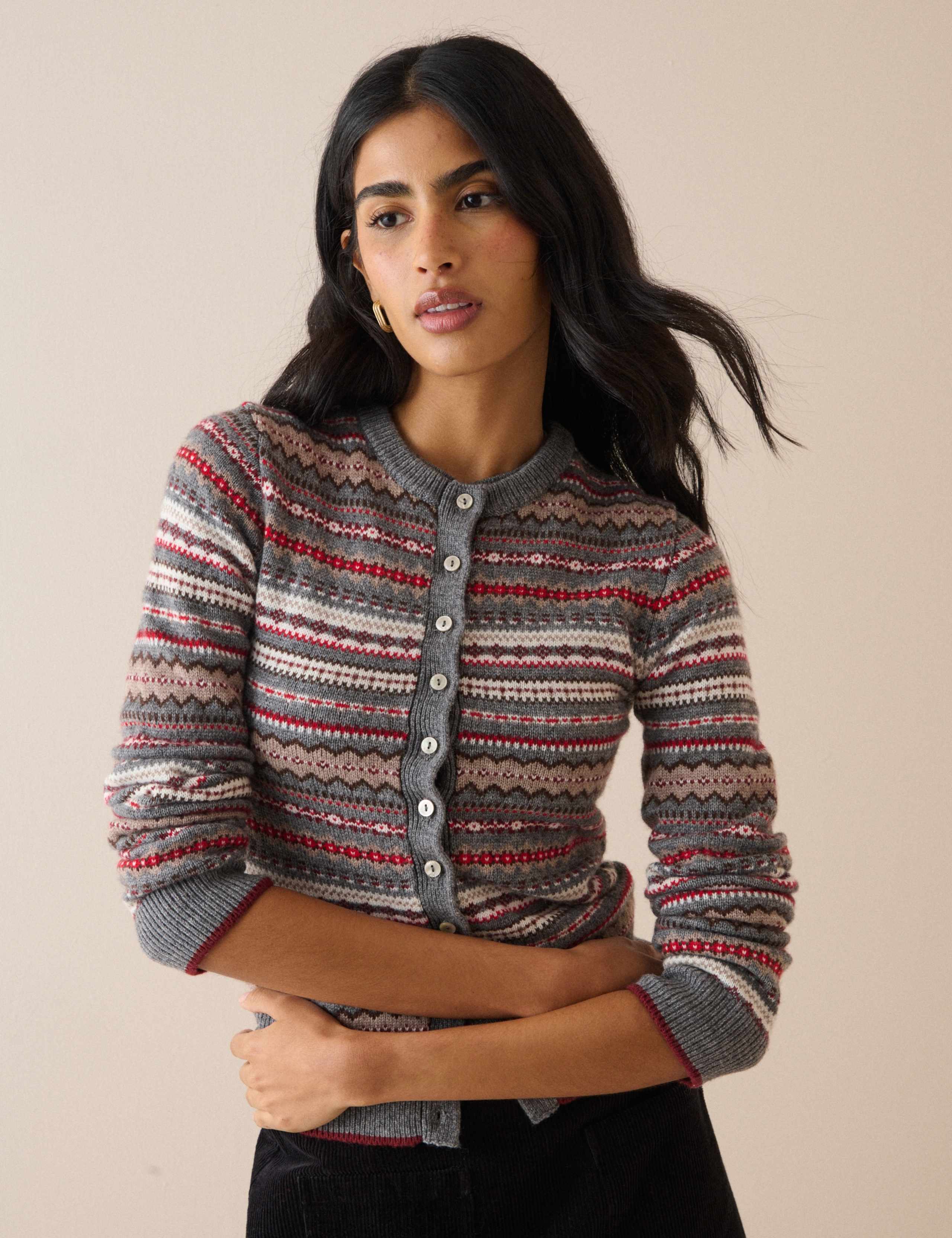 Wool Blend Fair Isle Crew Neck Fitted Cardigan 3 of 5