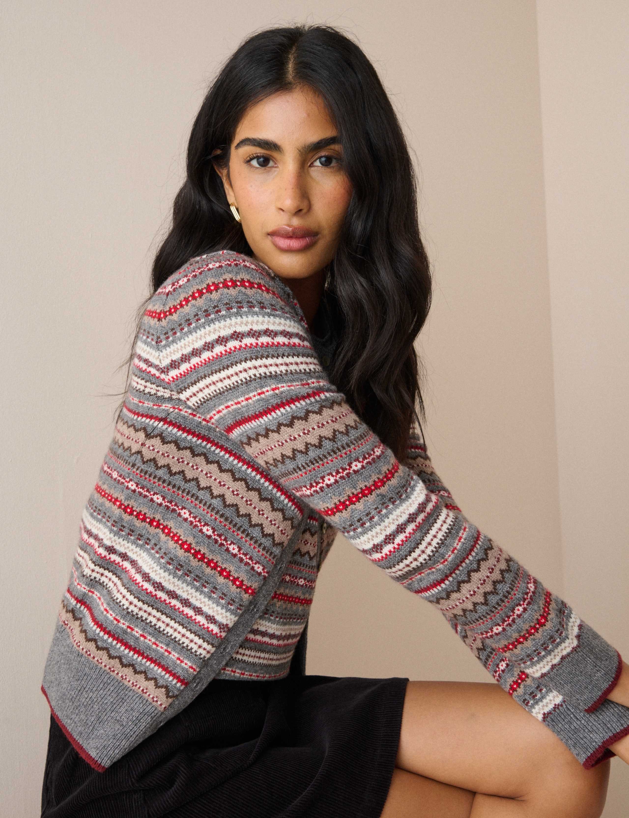 Wool Blend Fair Isle Crew Neck Fitted Cardigan 4 of 5