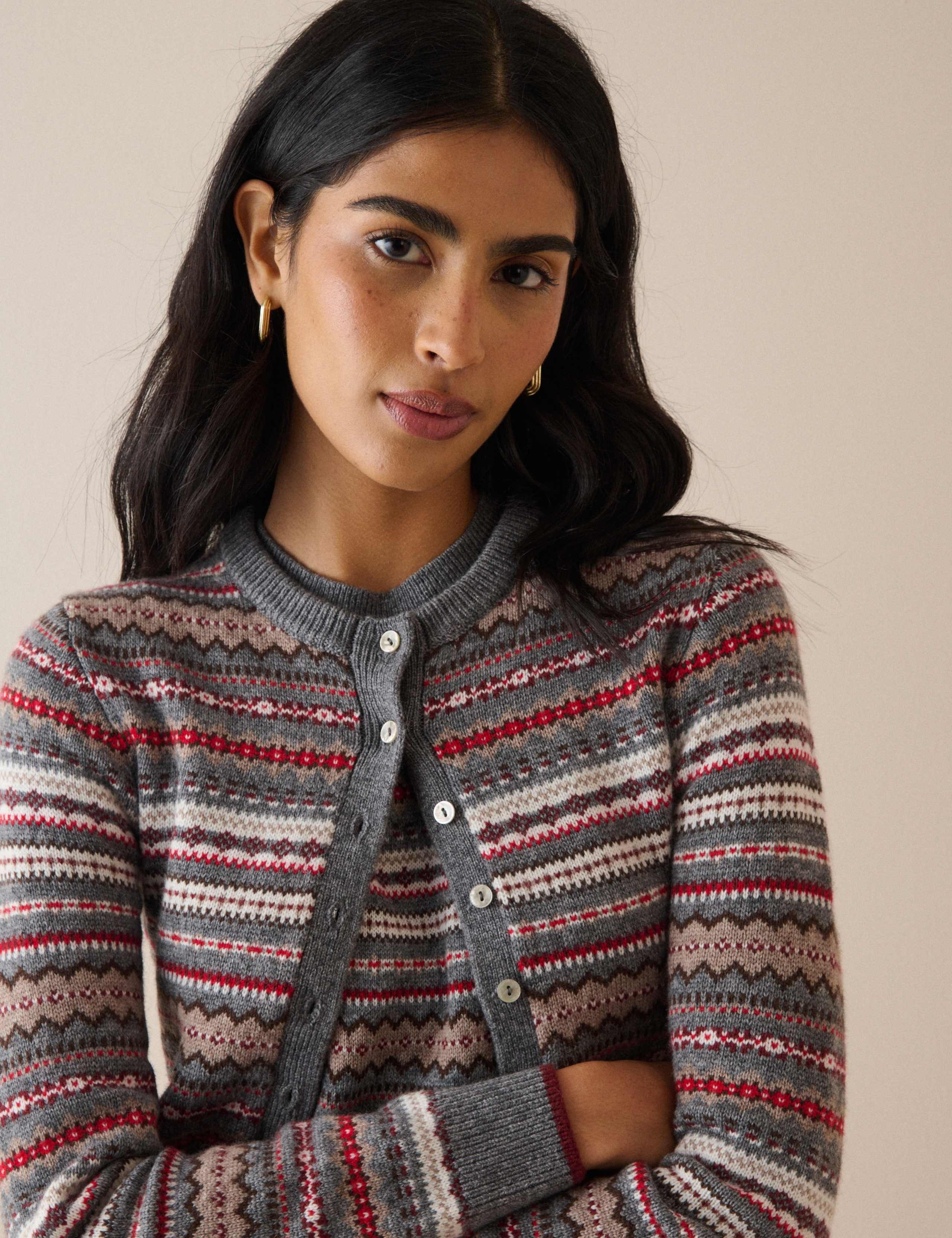 Wool Blend Fair Isle Crew Neck Fitted Cardigan 5 of 5