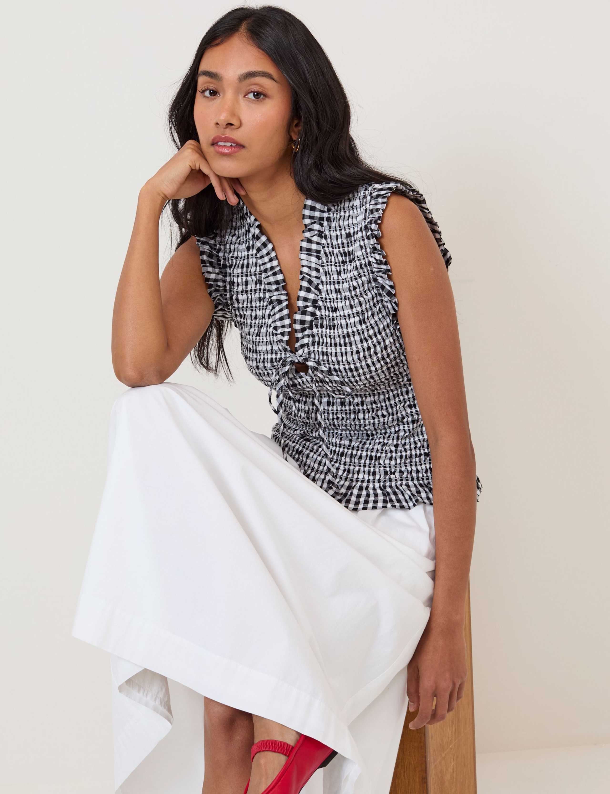 Pure Cotton Checked V-Neck Shirred Top 2 of 5