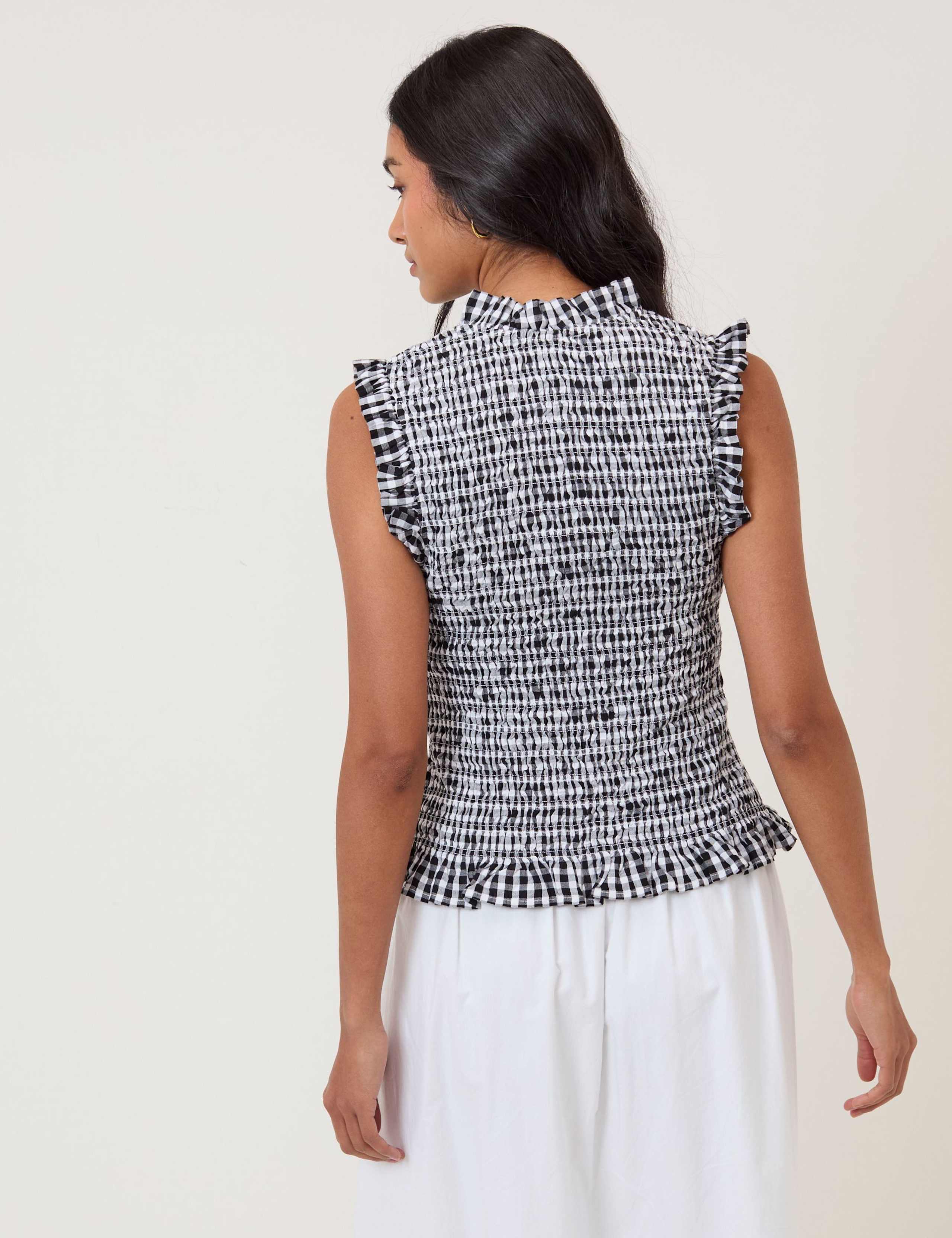 Pure Cotton Checked V-Neck Shirred Top 5 of 5