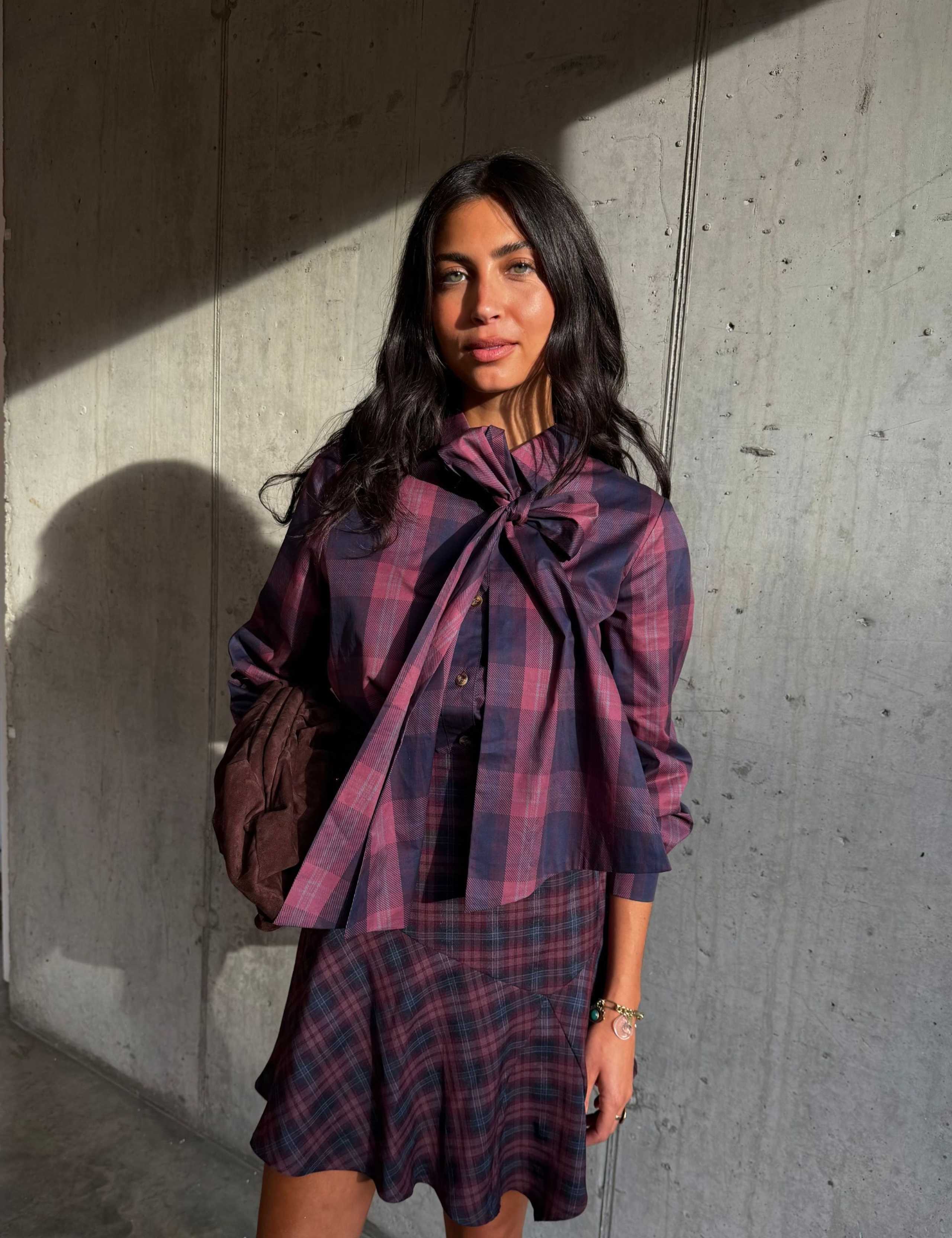 Lyocell Rich Checked Tie Neck Blouse 1 of 5