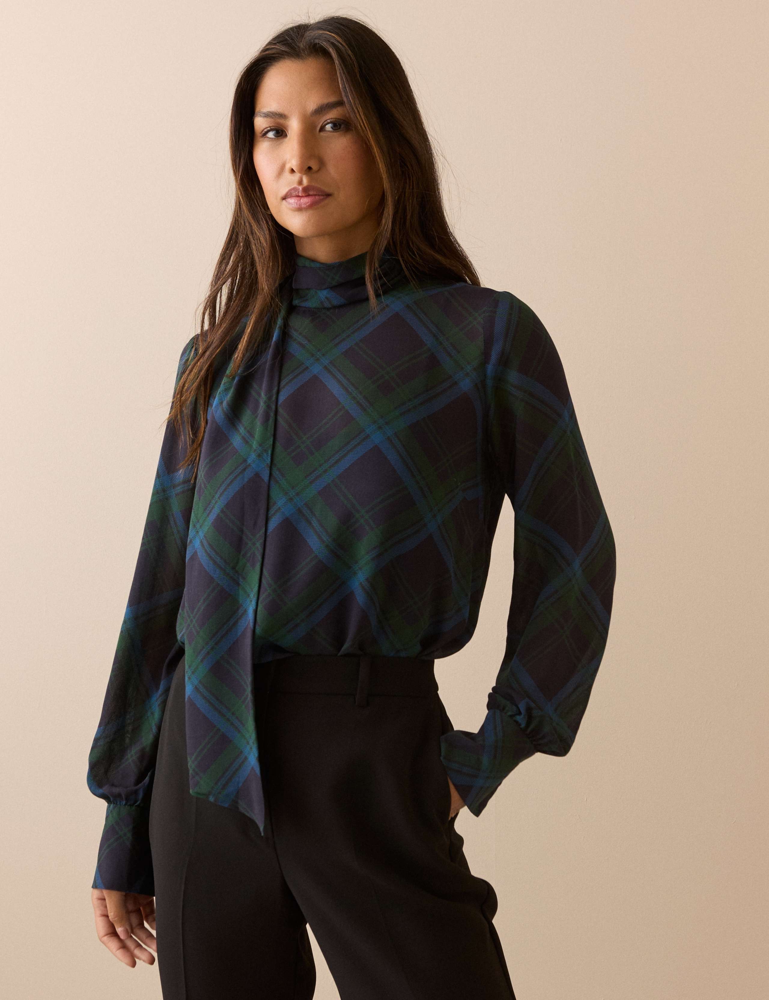 Relaxed Fit Tie Neck Checked Blouse 1 of 6