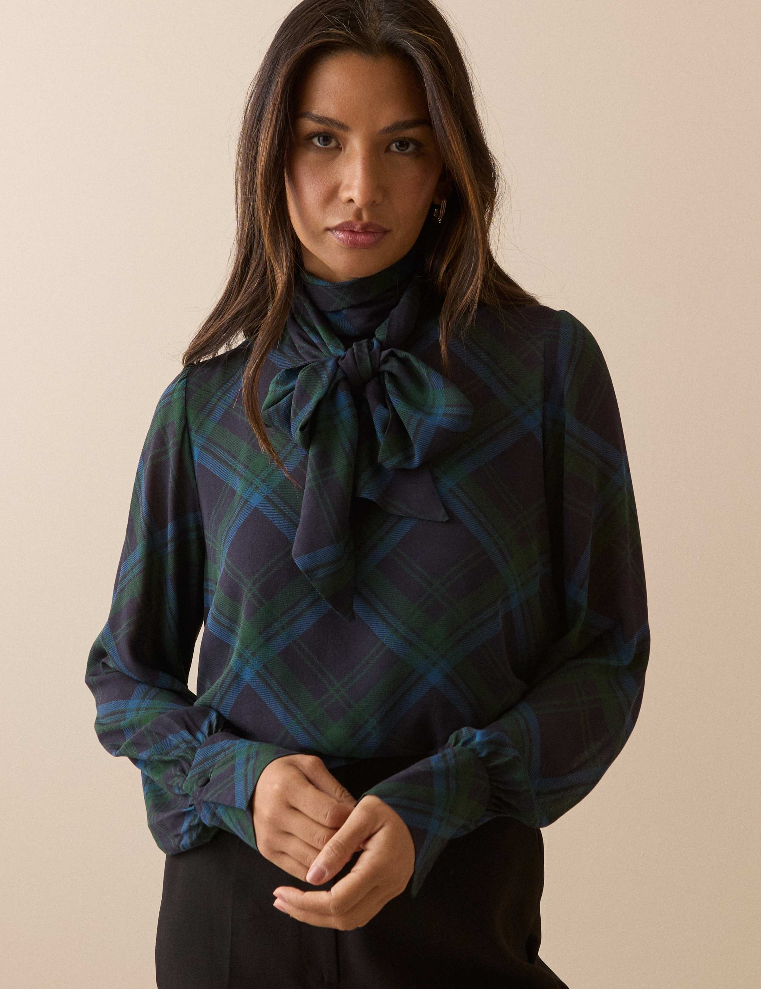Relaxed Fit Tie Neck Checked Blouse 2 of 6