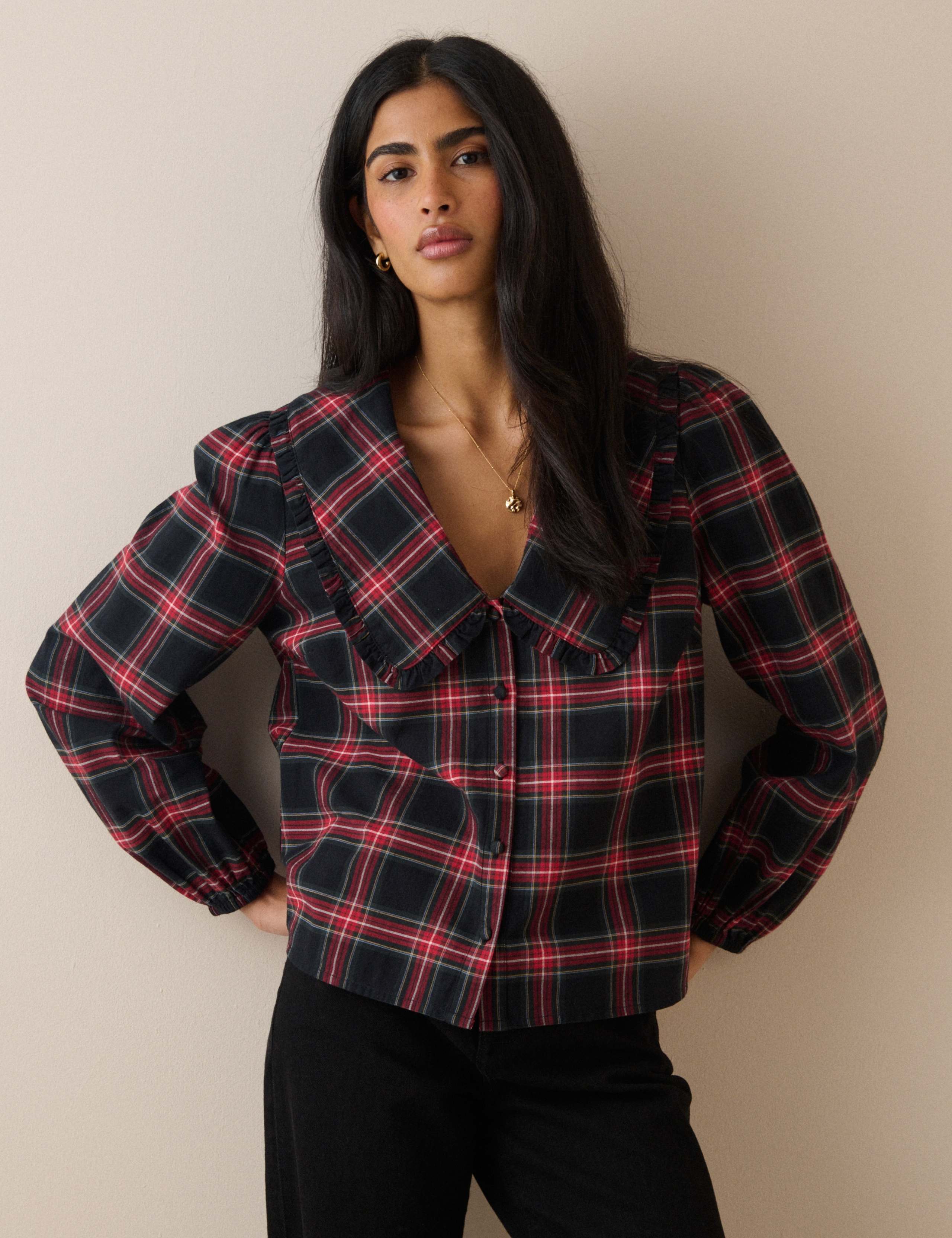 Pure Cotton Checked Collared Blouse 1 of 5