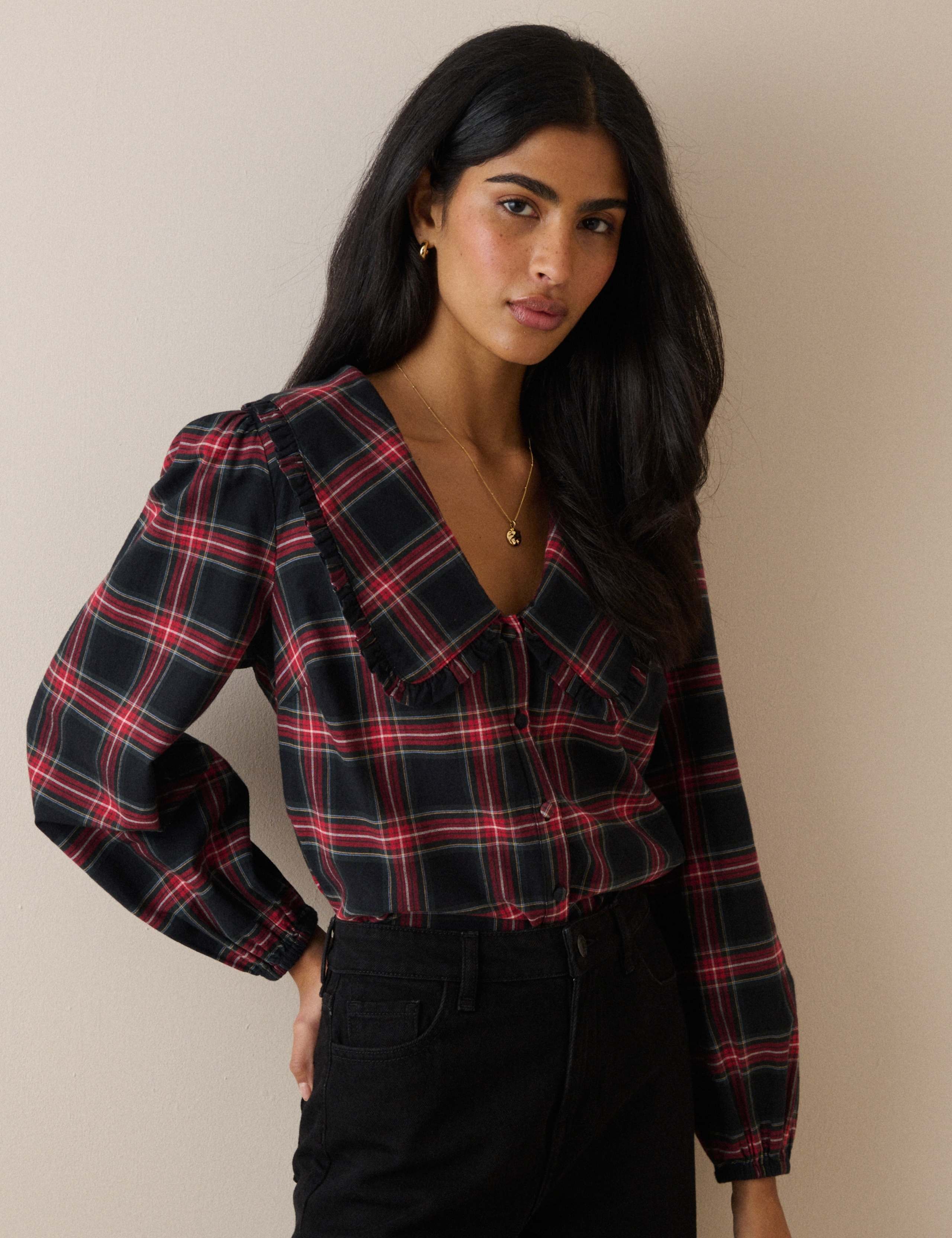 Pure Cotton Checked Collared Blouse 3 of 5