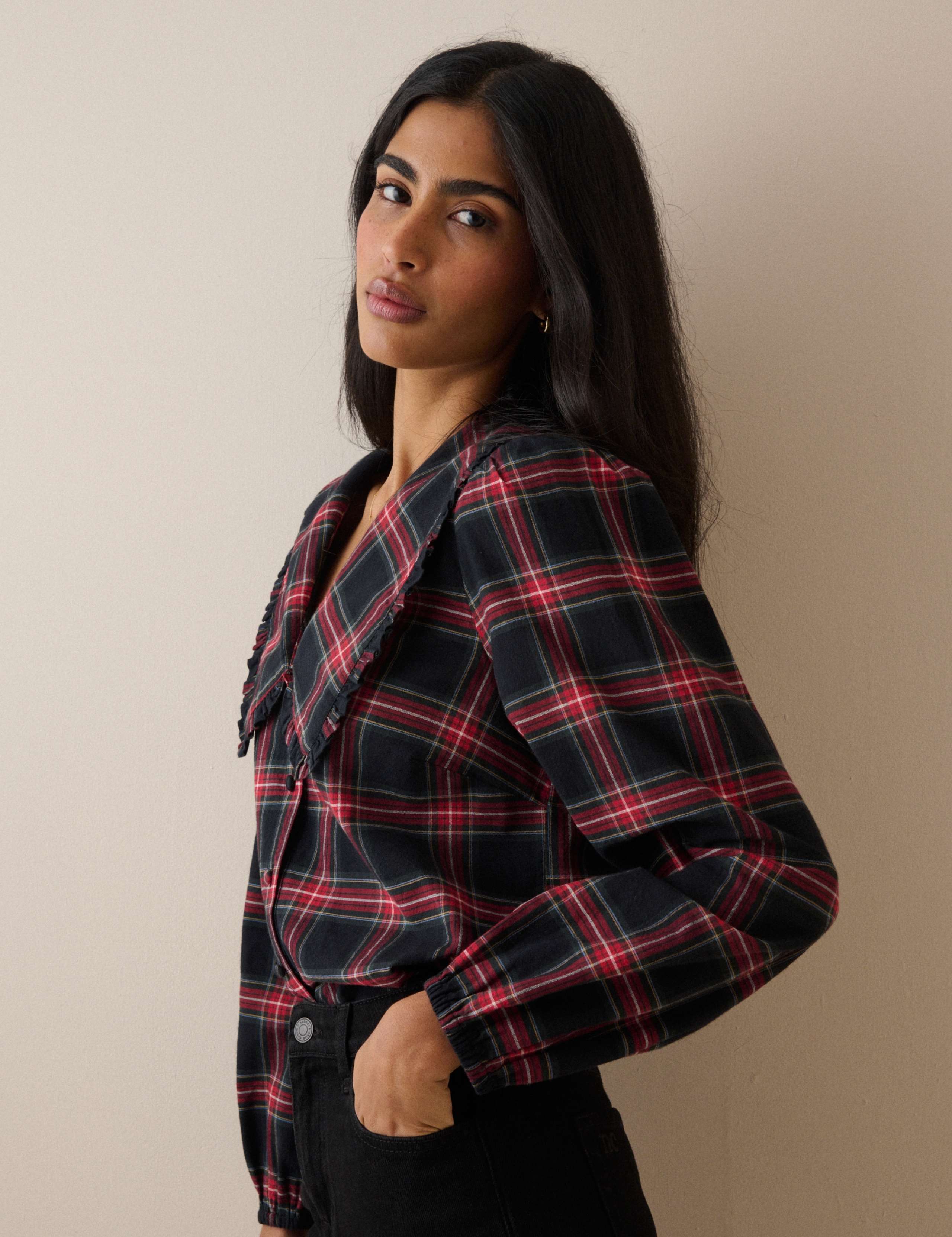 Pure Cotton Checked Collared Blouse 4 of 5