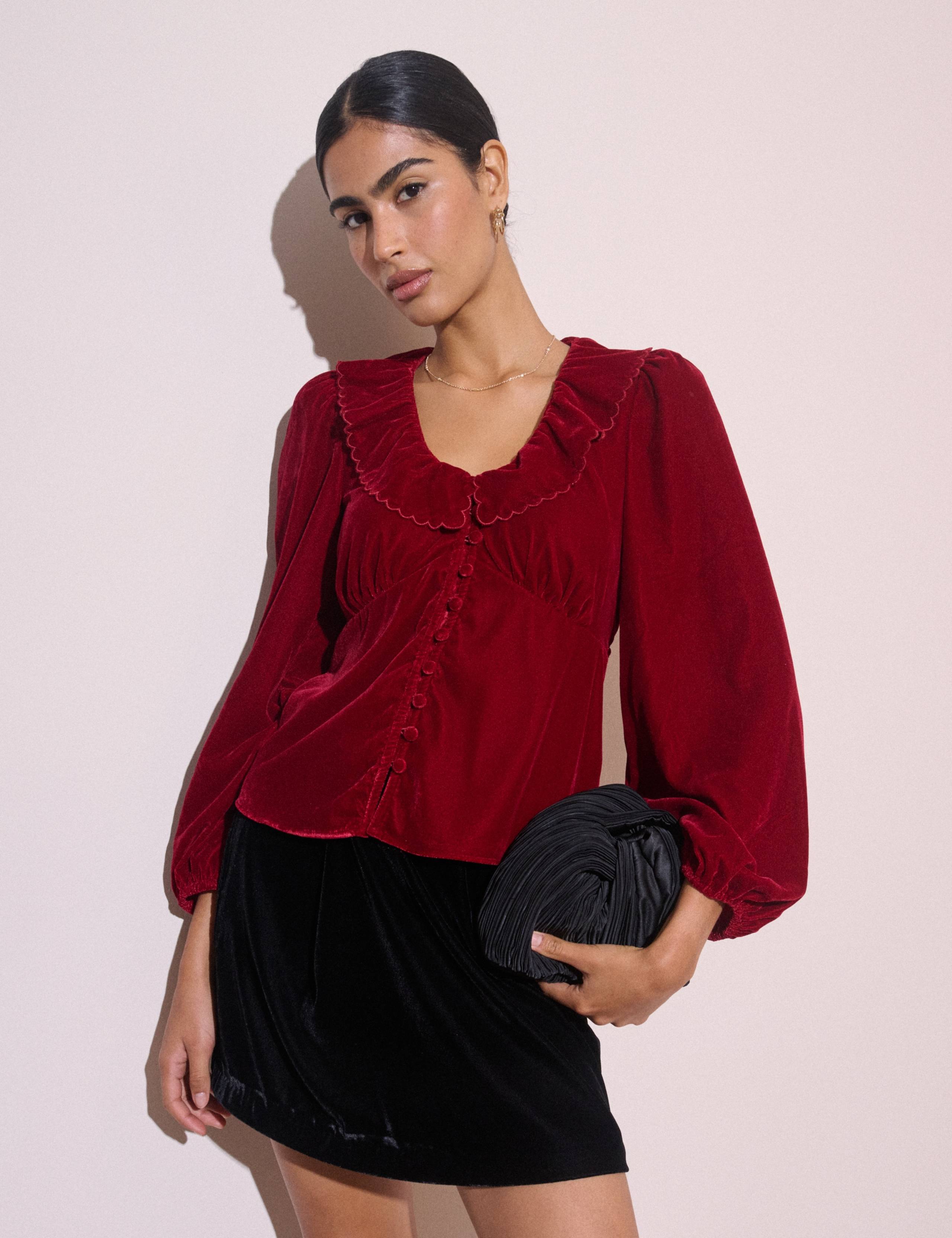 Velvet Collared Neck Button Through Blouse 3 of 5