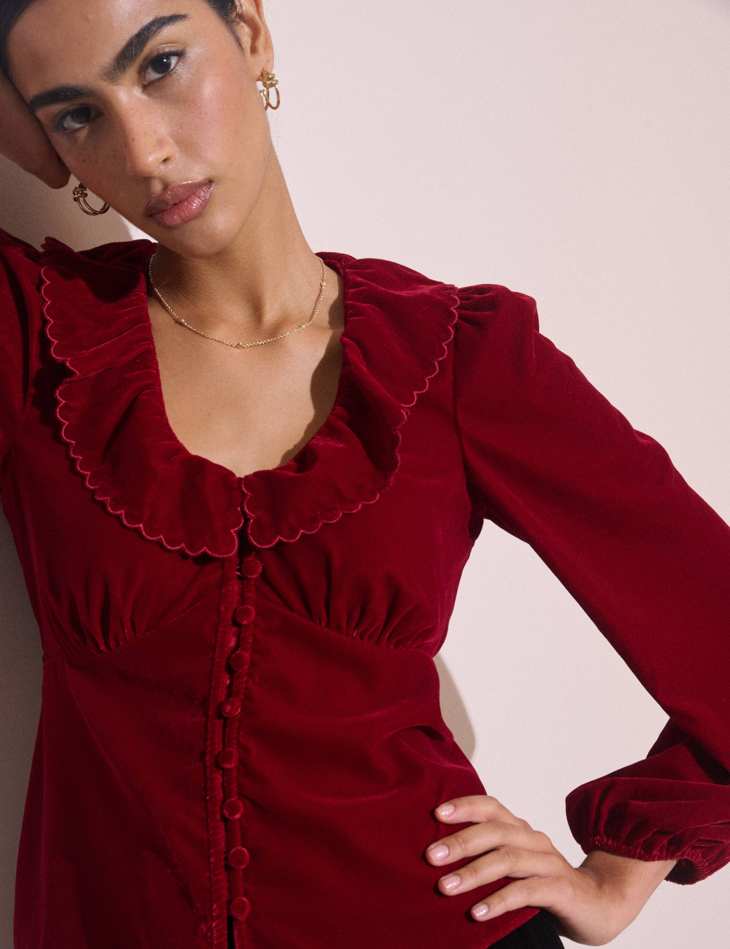 Velvet Collared Neck Button Through Blouse 4 of 5