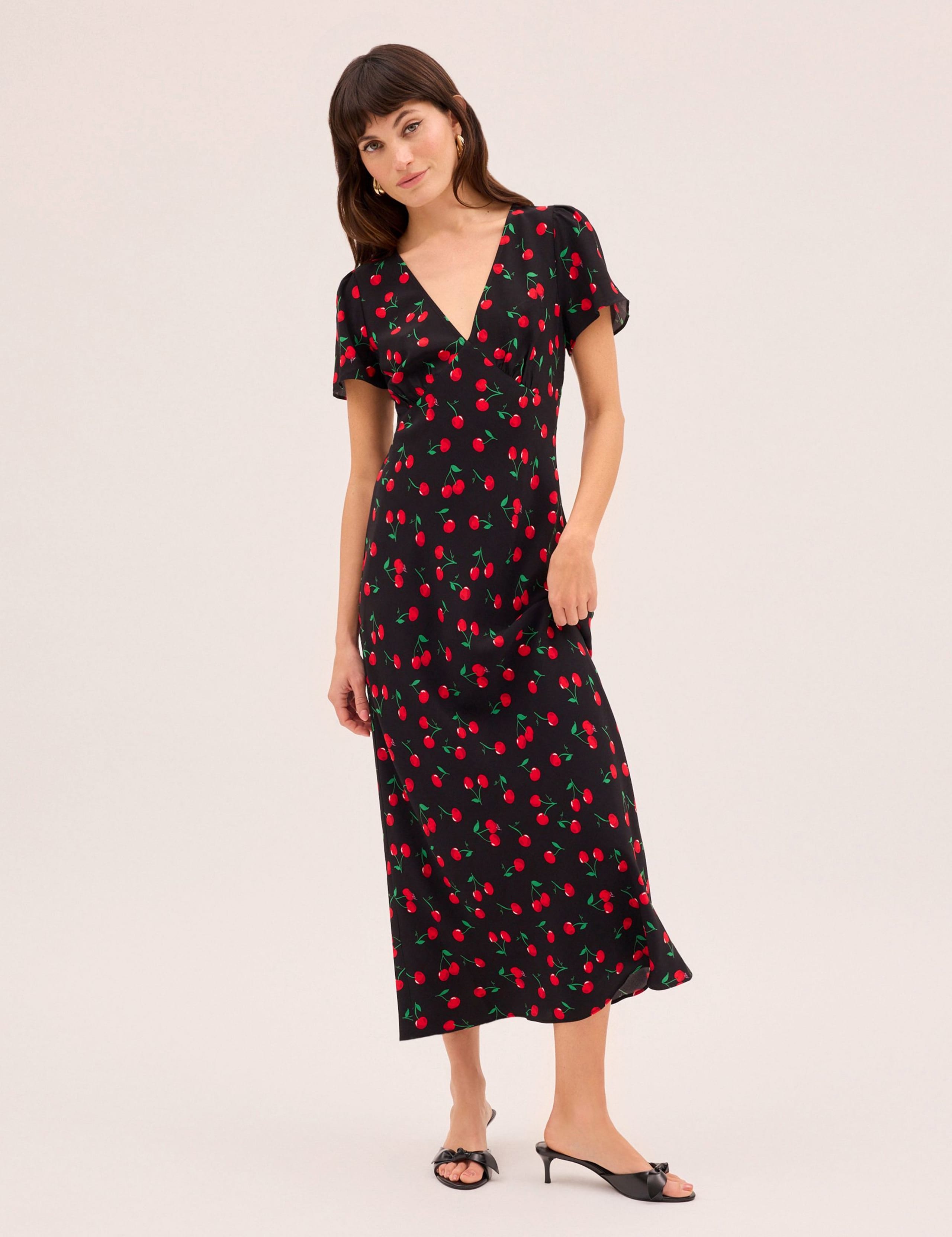 Cherry Print V-Neck Midaxi Waisted Dress 1 of 5