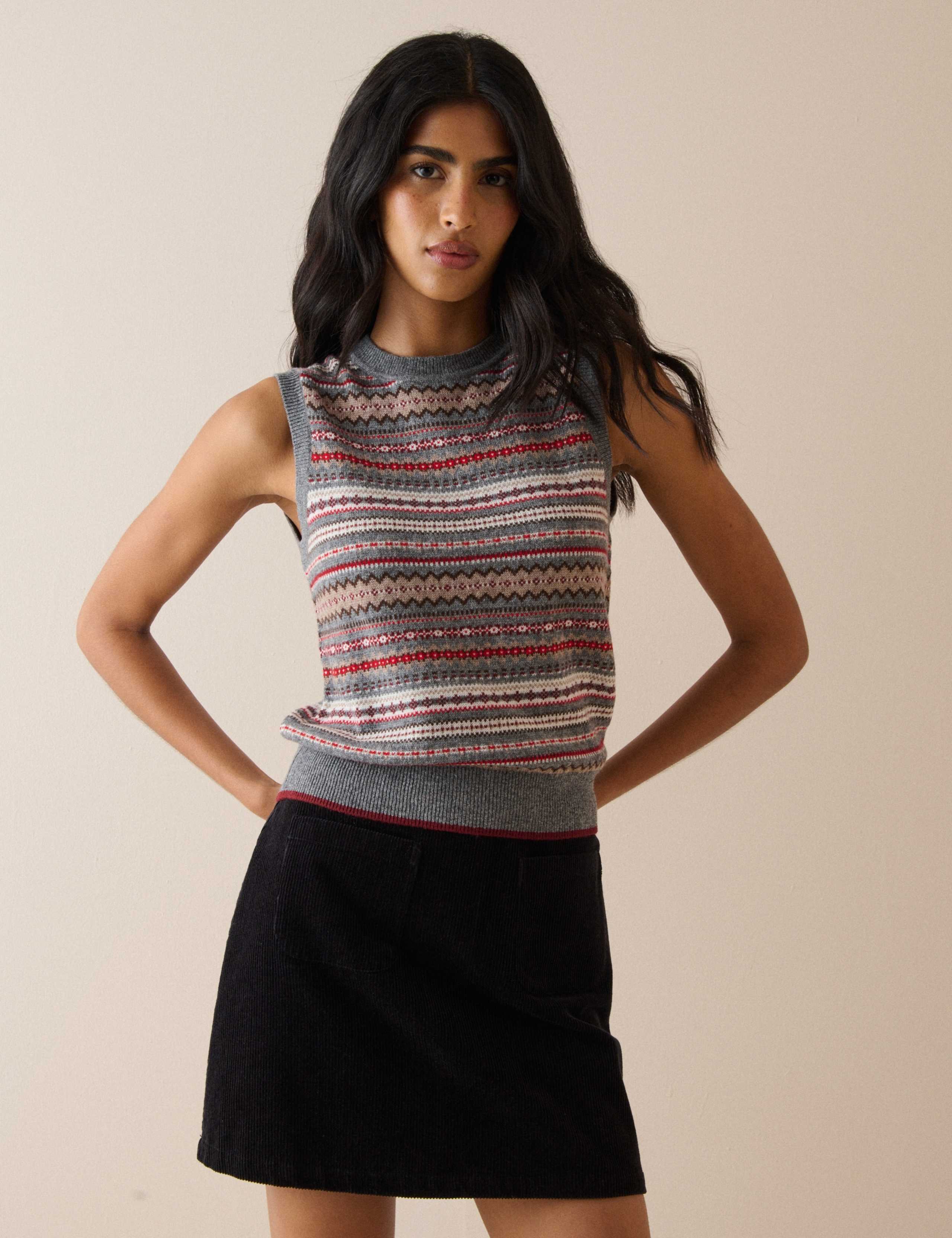 Wool Blend Ditsy Fair Isle Crew Neck Knitted Vest 1 of 6