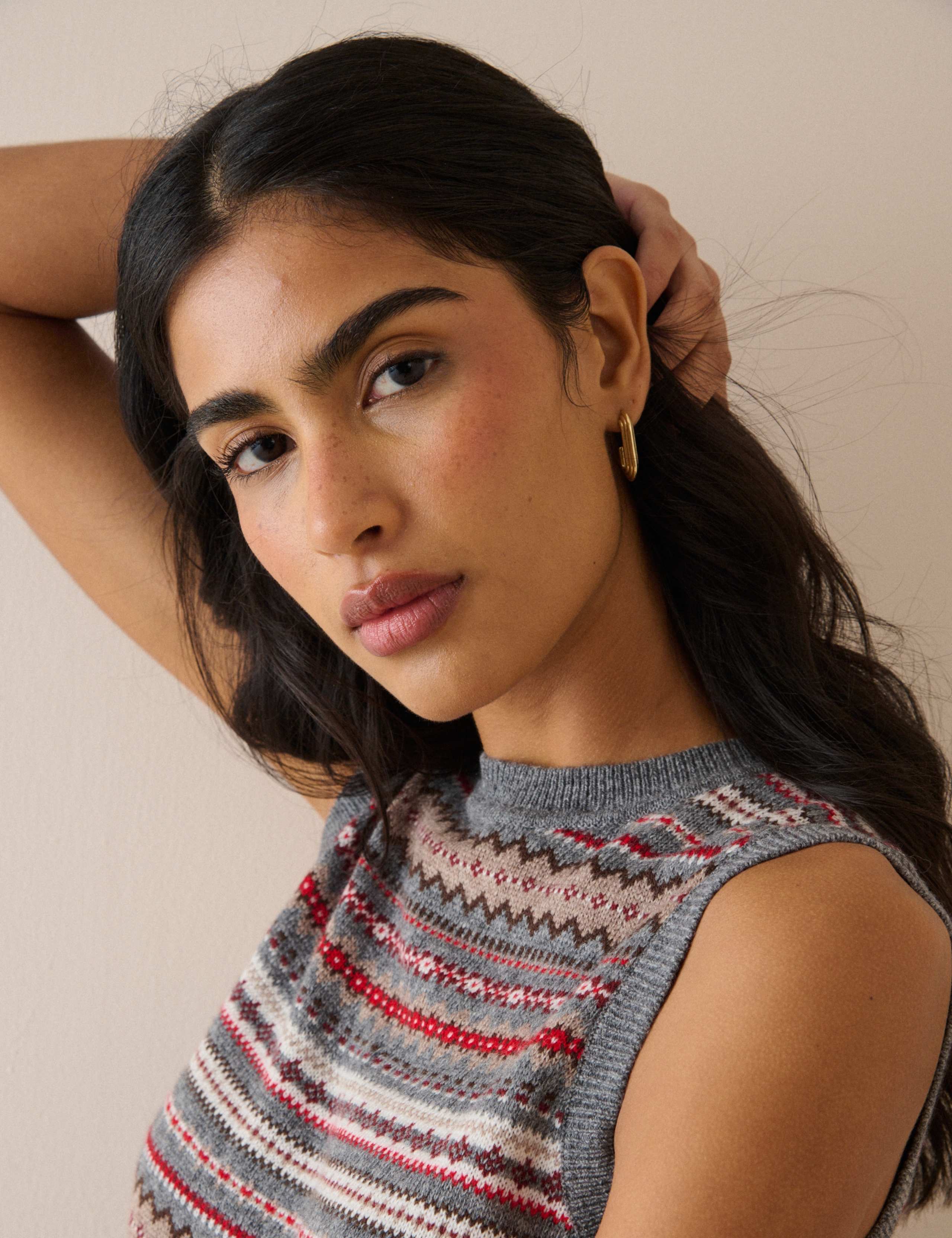 Wool Blend Ditsy Fair Isle Crew Neck Knitted Vest 4 of 6