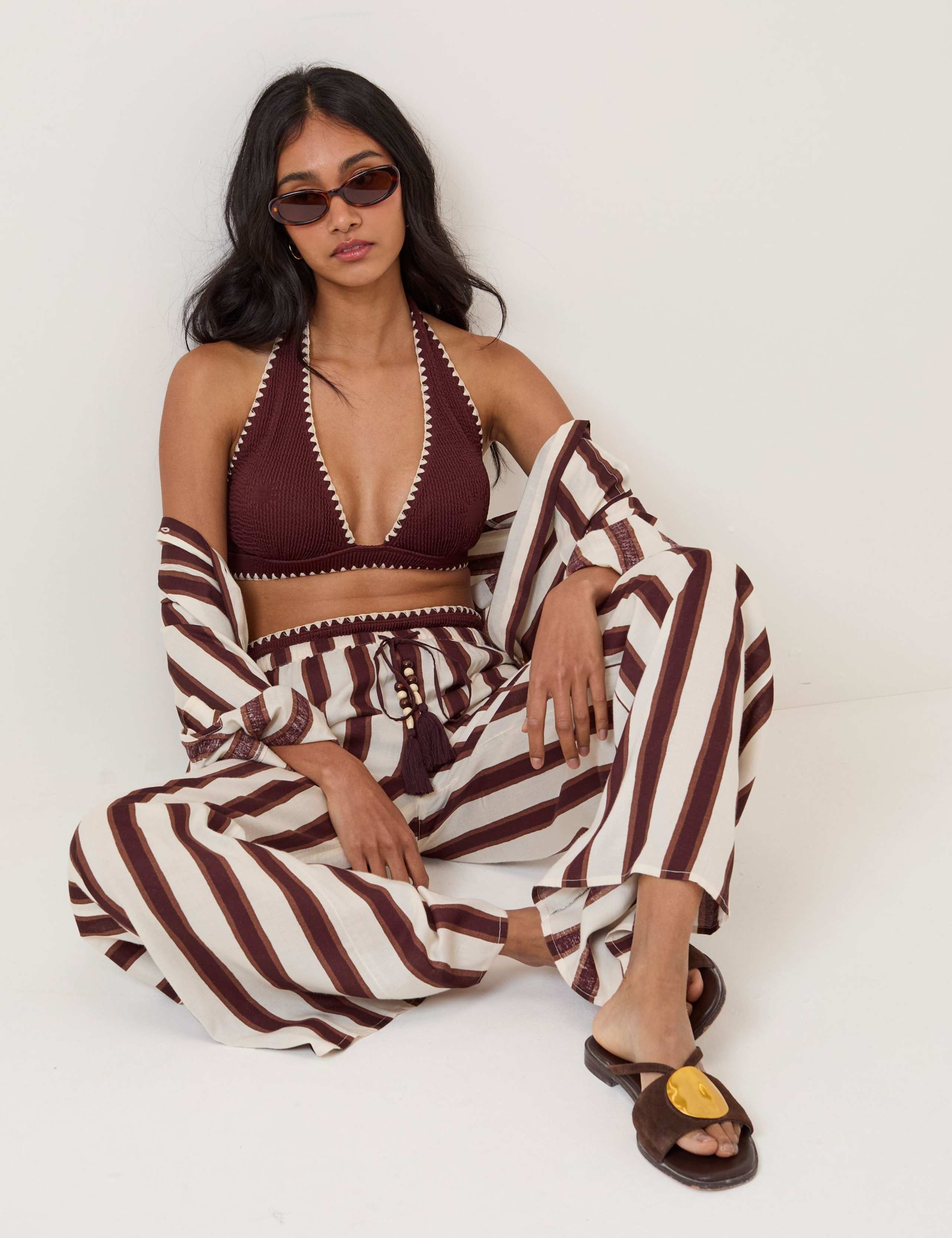 Striped Wide Leg Beach Trousers with Linen 3 of 5