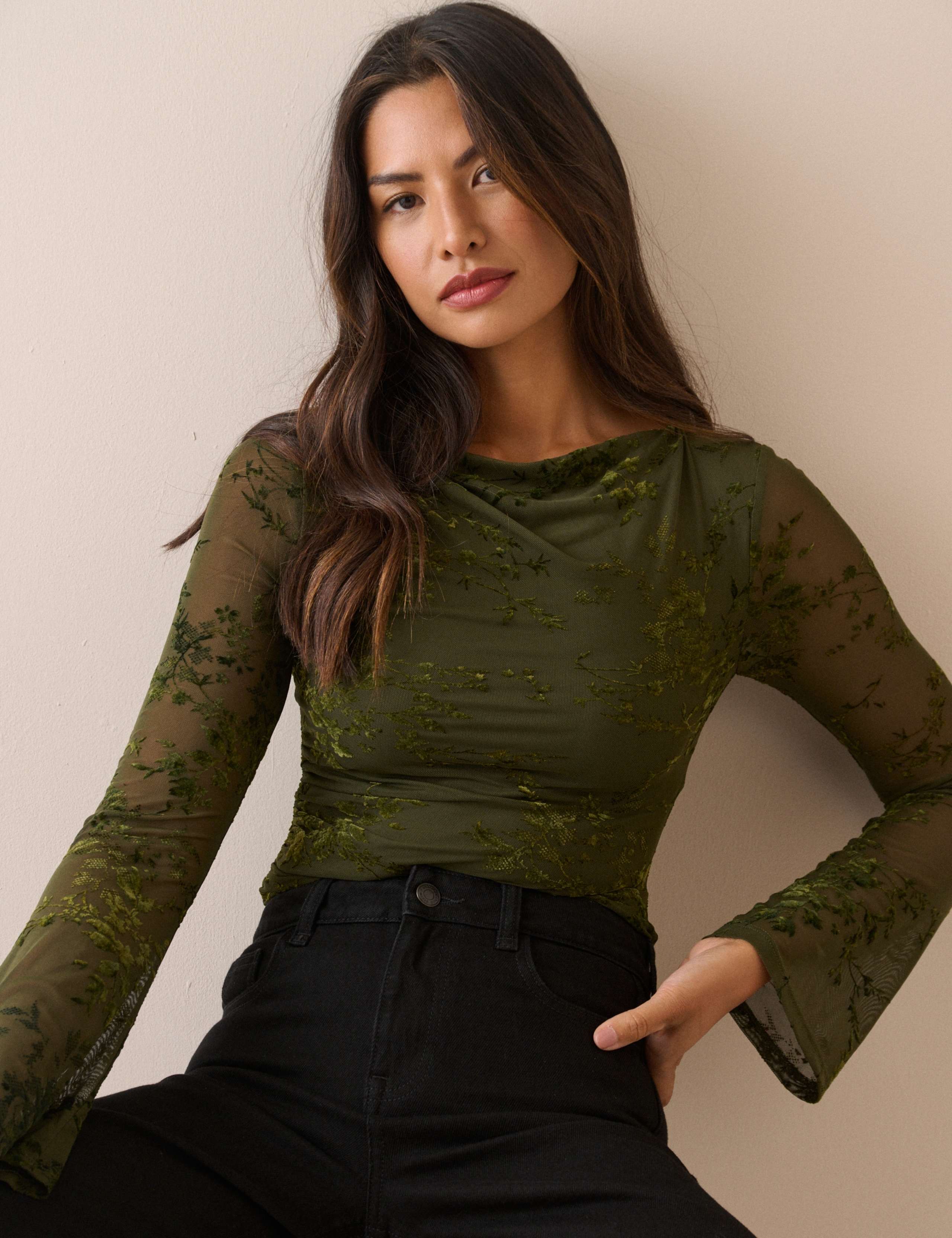 Devore Slash Neck Fitted Long Sleeve Top 1 of 5