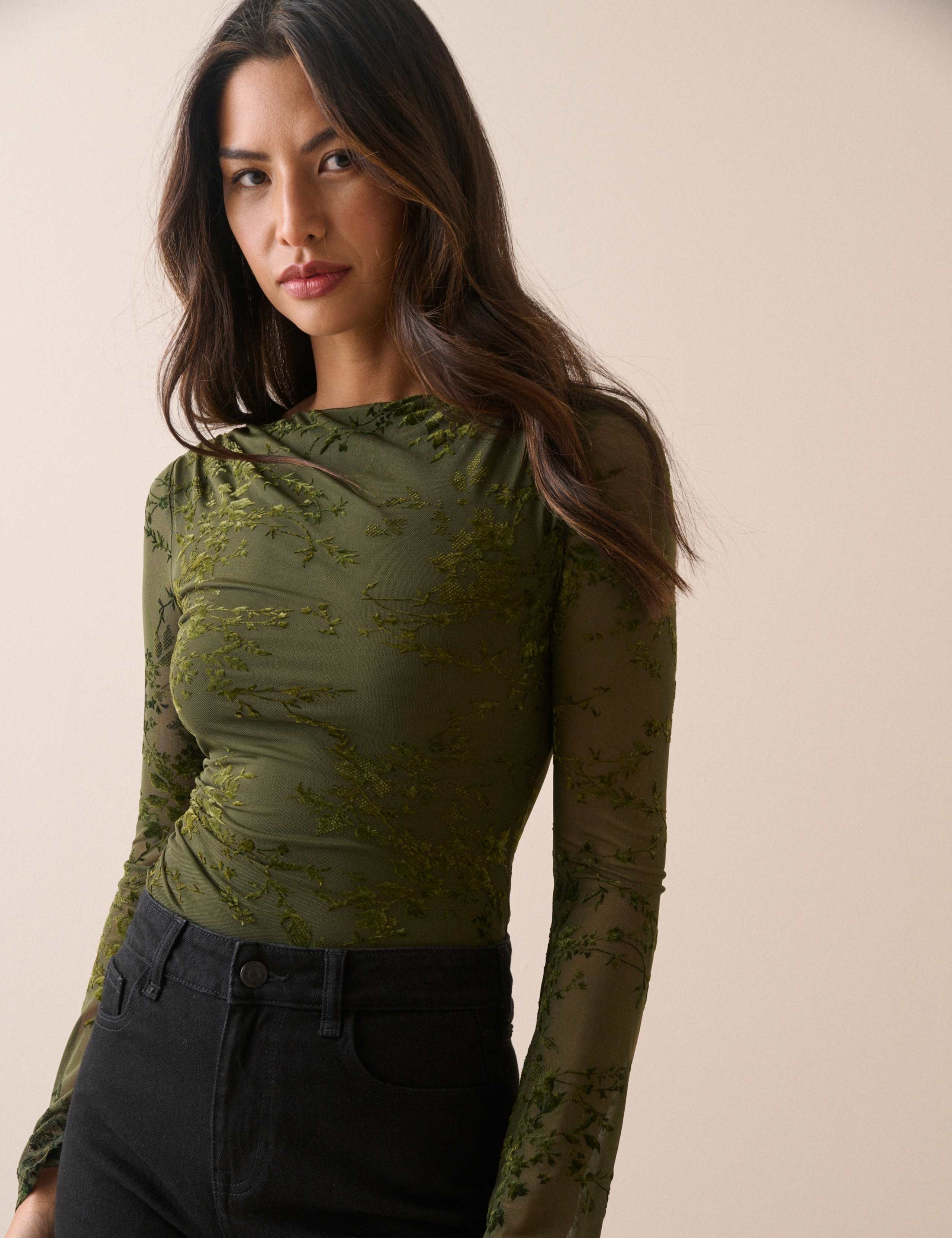 Devore Slash Neck Fitted Long Sleeve Top 3 of 5