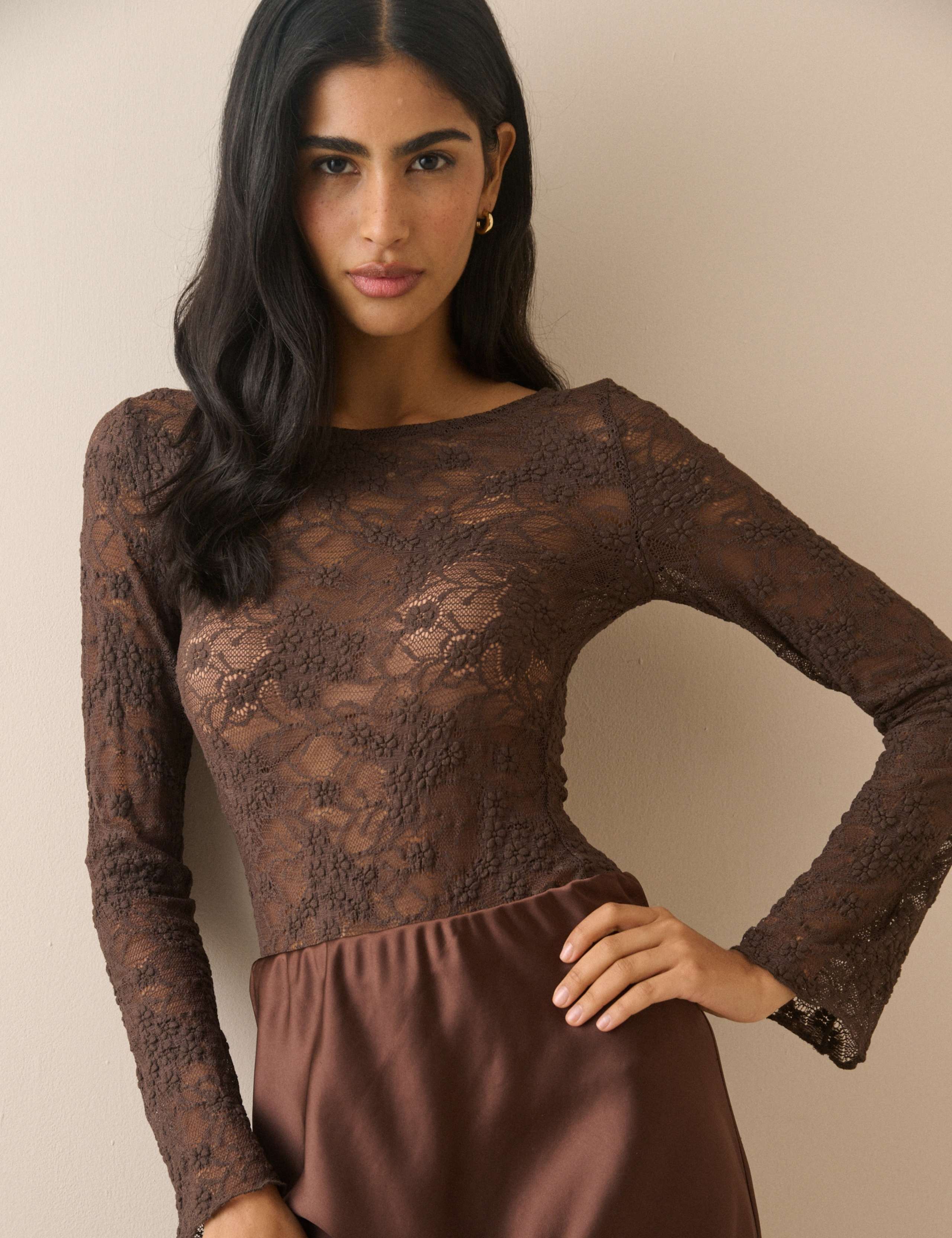Lace Slash Neck Relaxed Fit Long Sleeve Top 1 of 5