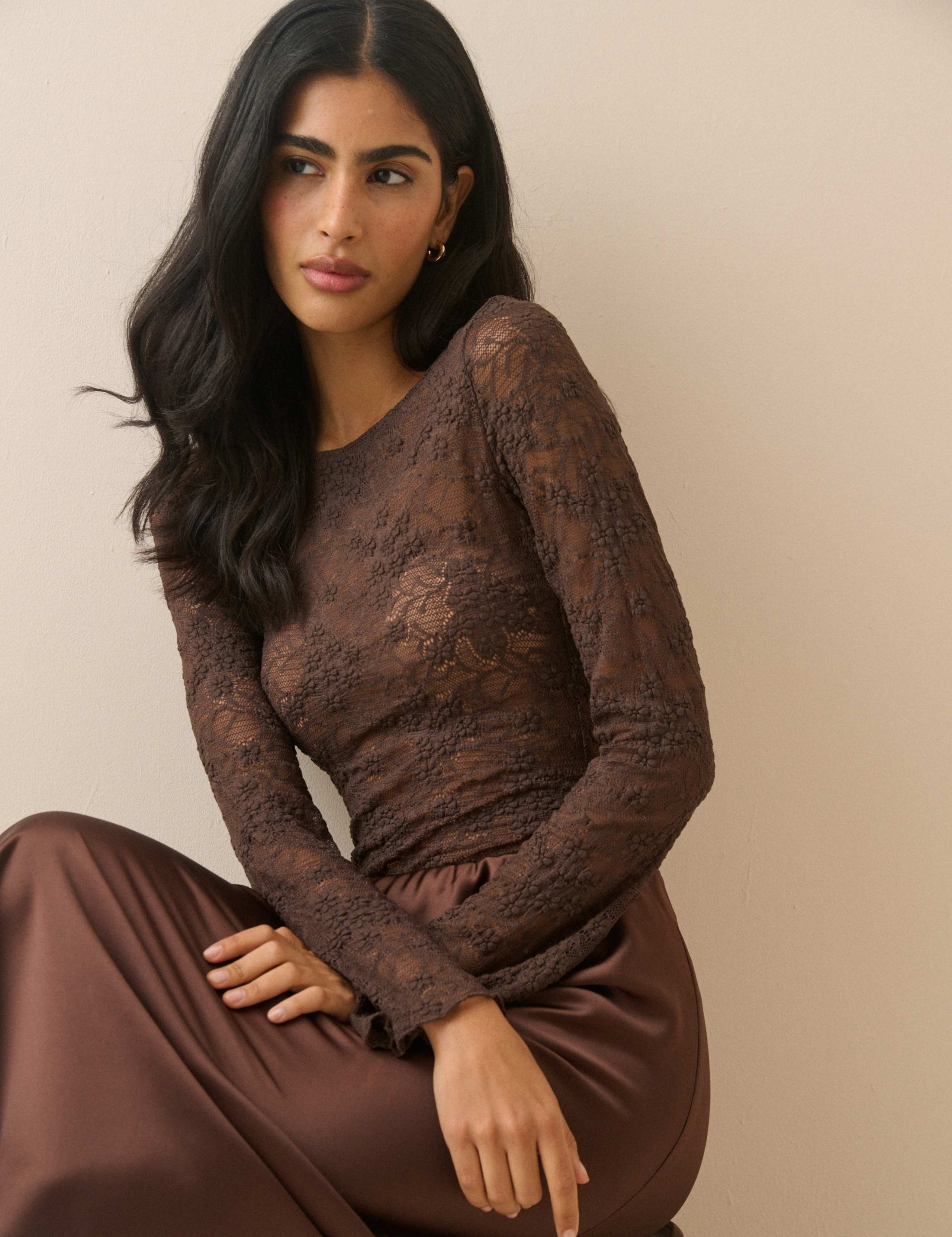 Lace Slash Neck Relaxed Fit Long Sleeve Top 2 of 5