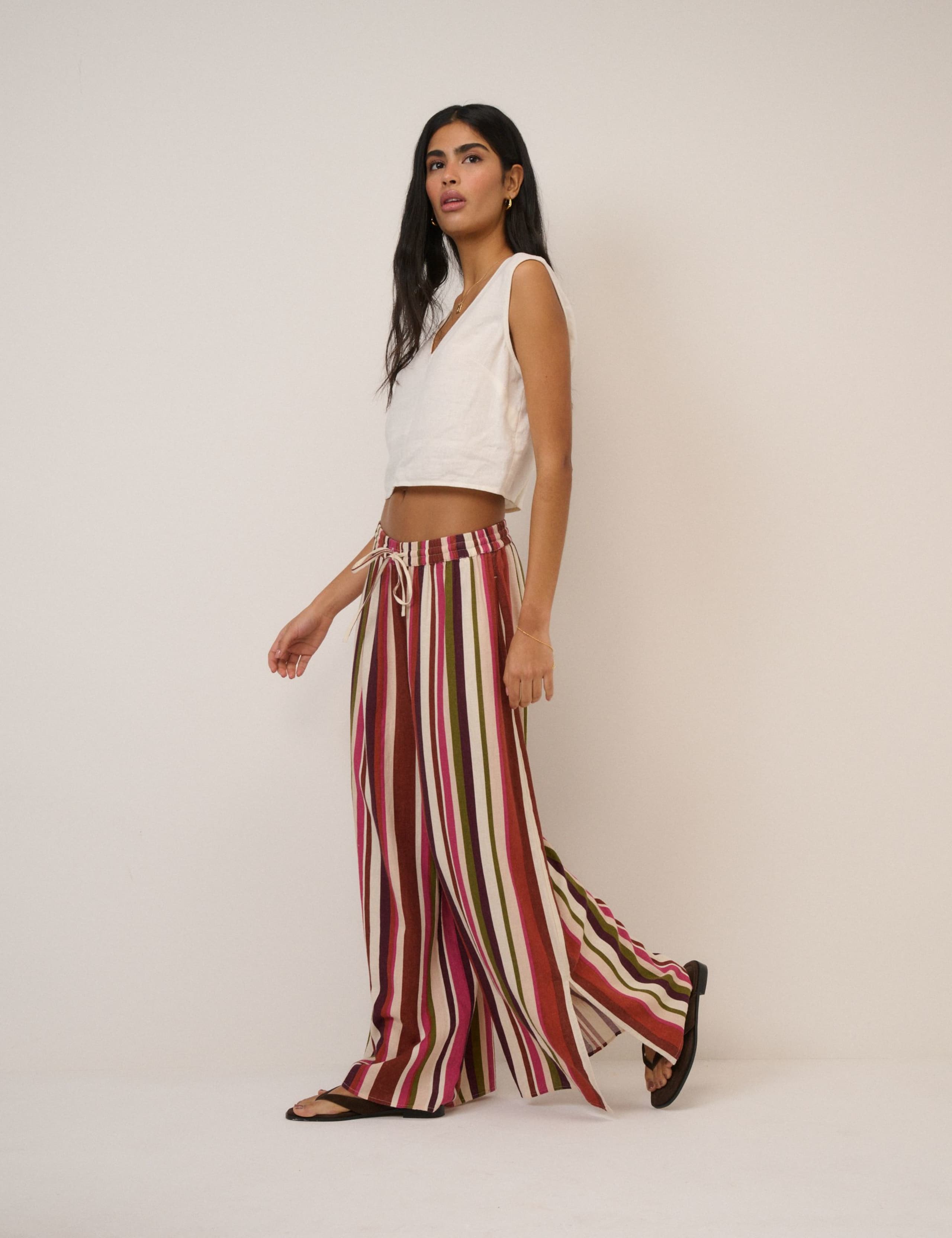Linen Rich Striped Split Hem Wide Leg Trousers 3 of 5