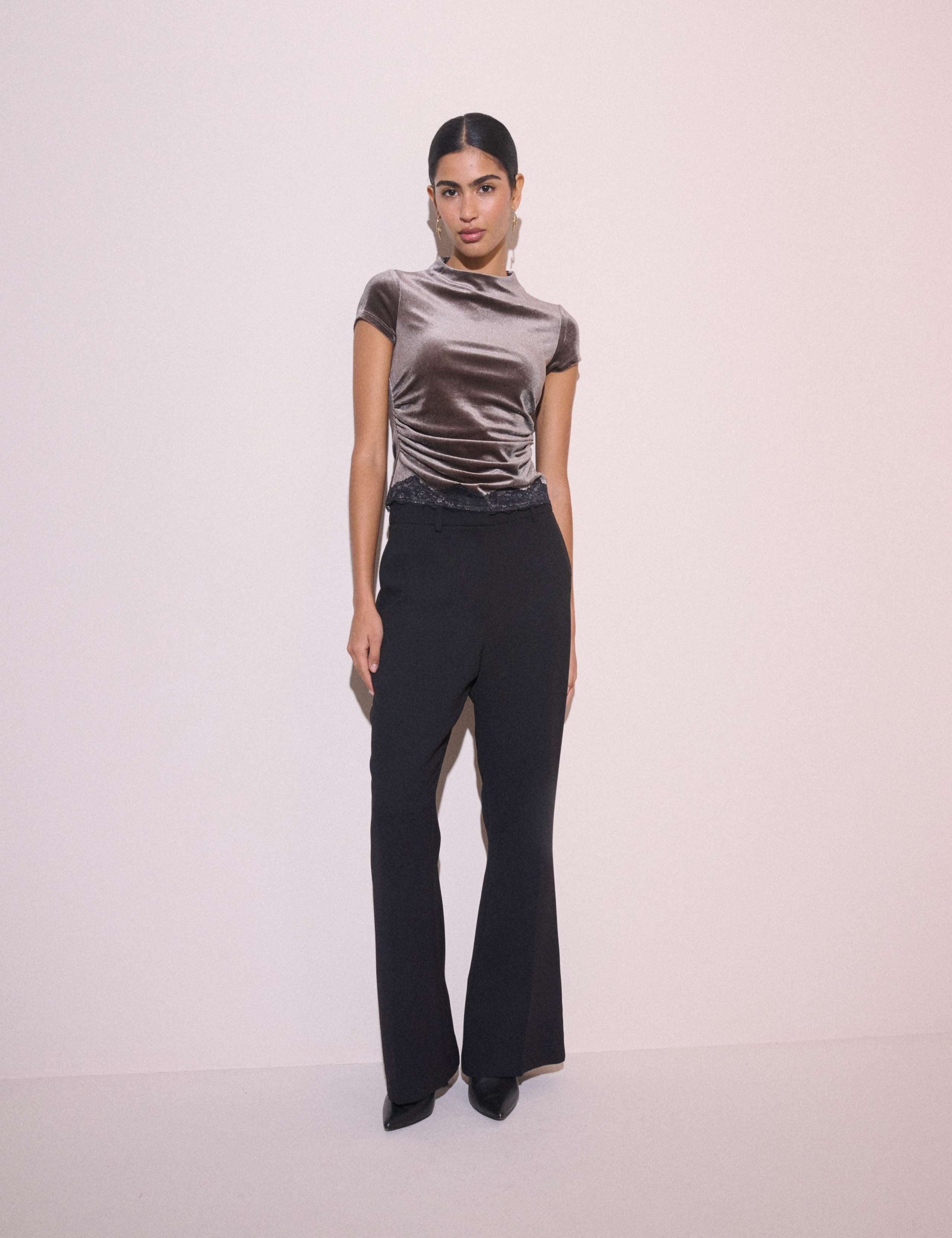Velvet High Neck Fitted Lace Trim Top 2 of 5