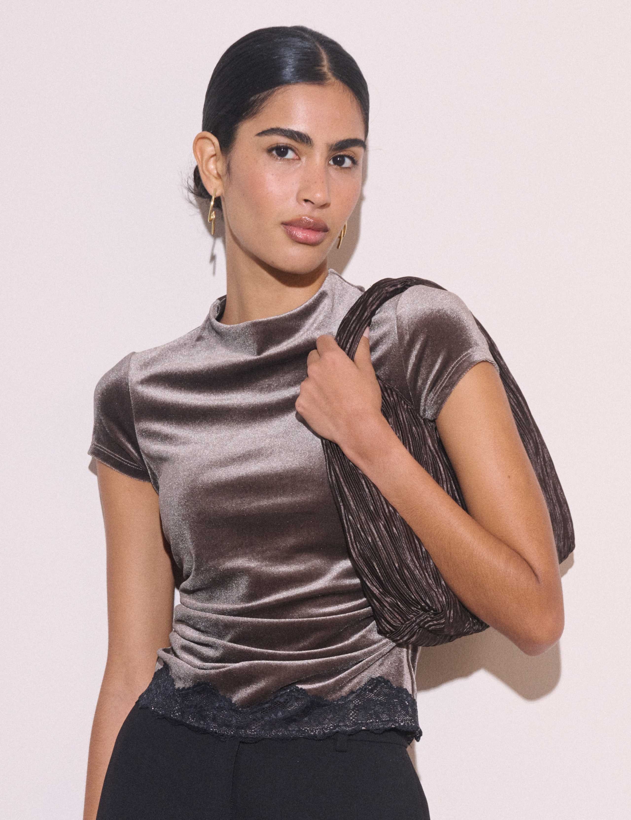 Velvet High Neck Fitted Lace Trim Top 3 of 5