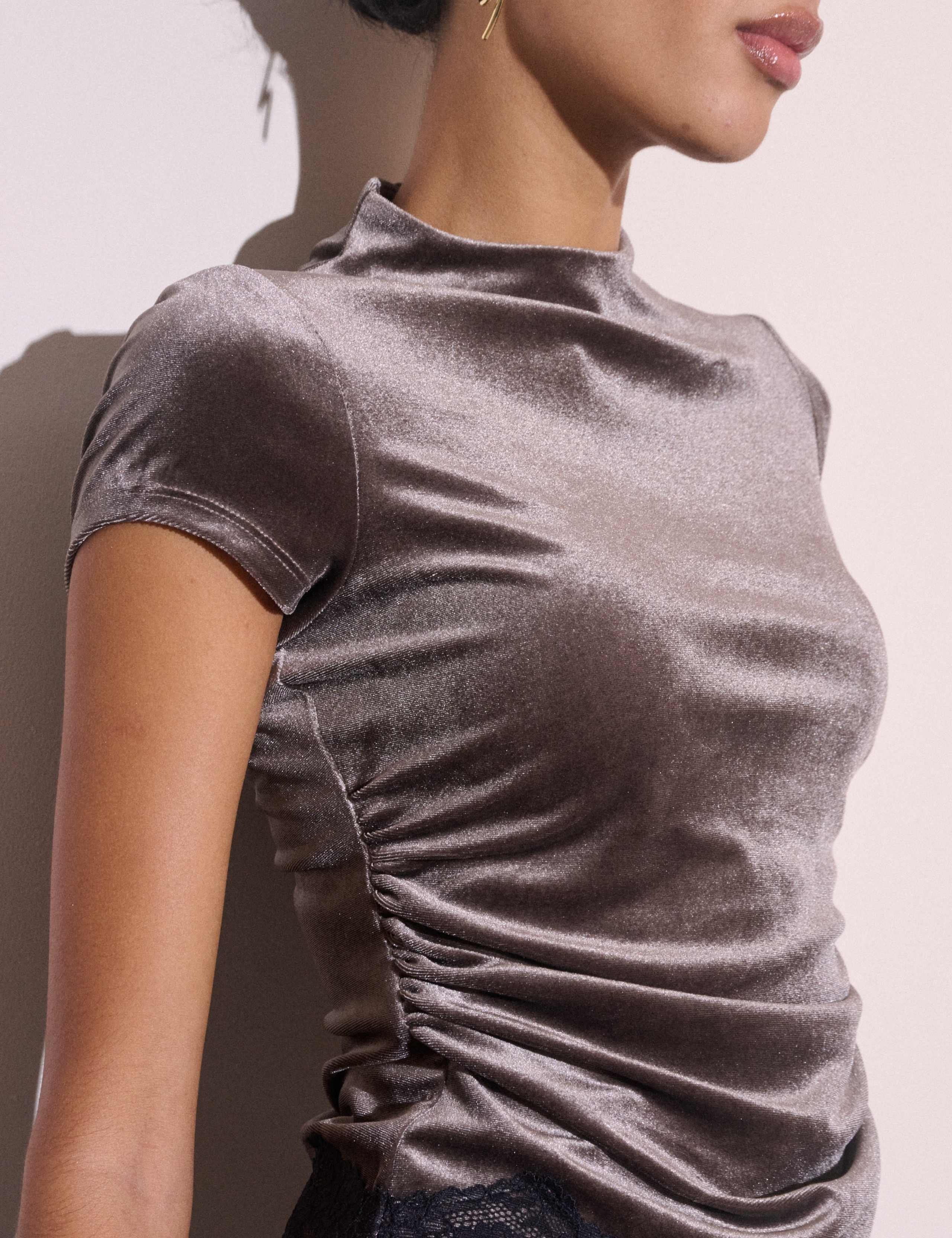 Velvet High Neck Fitted Lace Trim Top 5 of 5